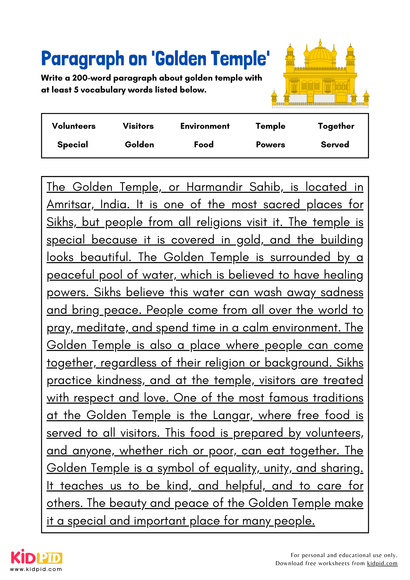 Paragraph on 'Golden Temple' - 200 Words