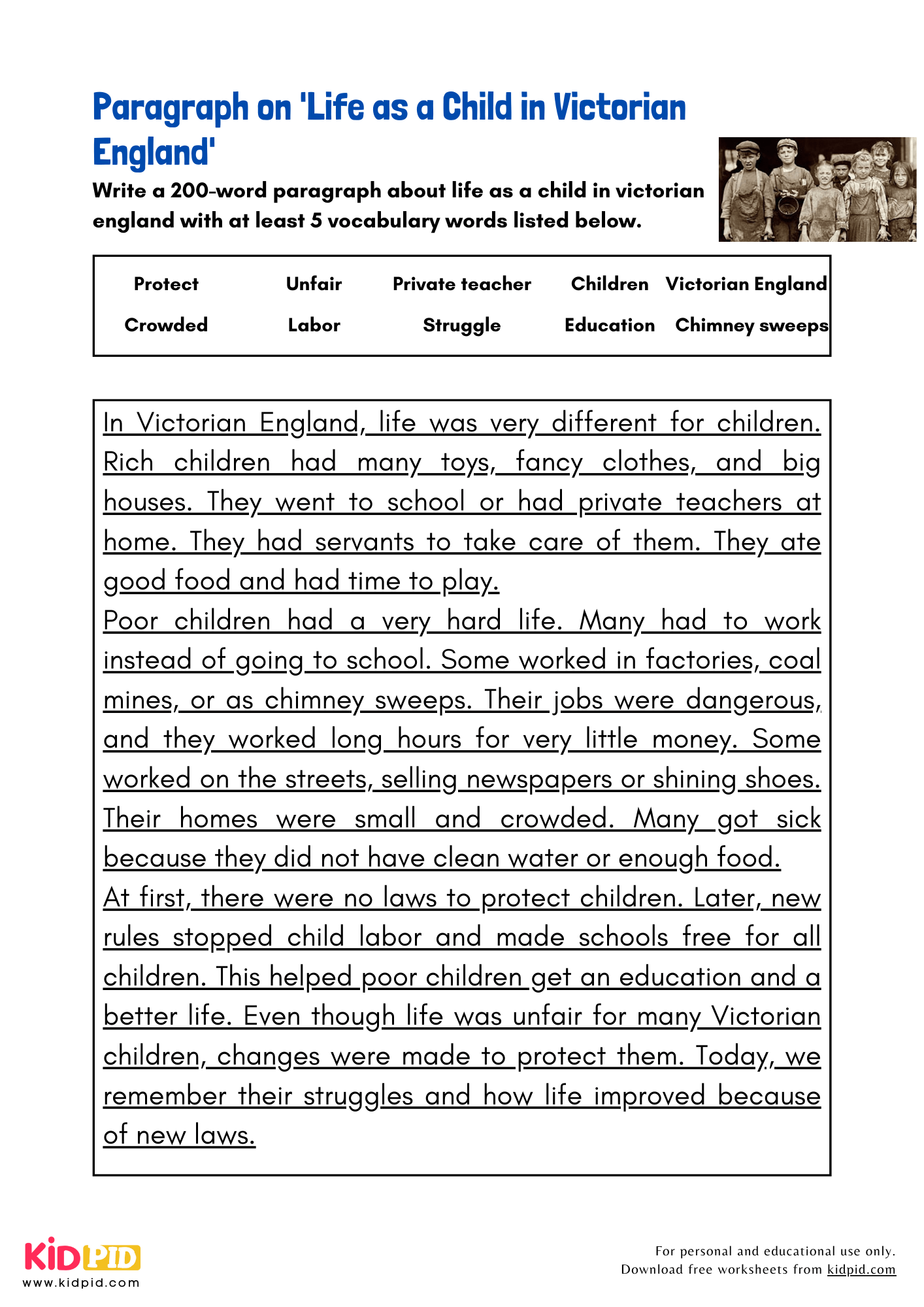 Paragraph on 'Life as a Child in Victorian England' - 200 Words