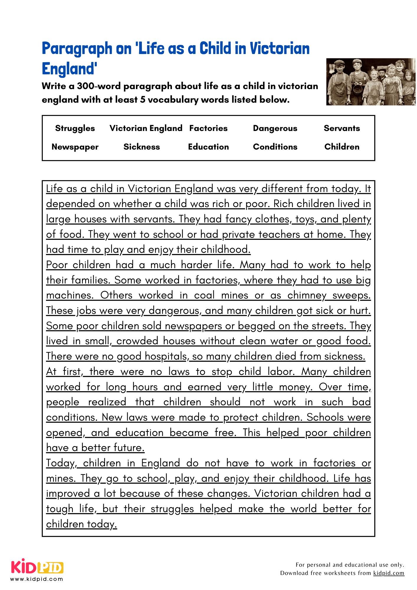 Paragraph on 'Life as a Child in Victorian England' - 300 Words