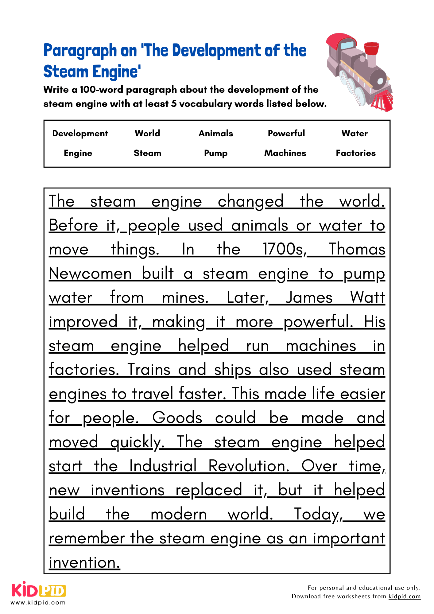 Paragraph on 'The Development of the Steam Engine' - 100 Words