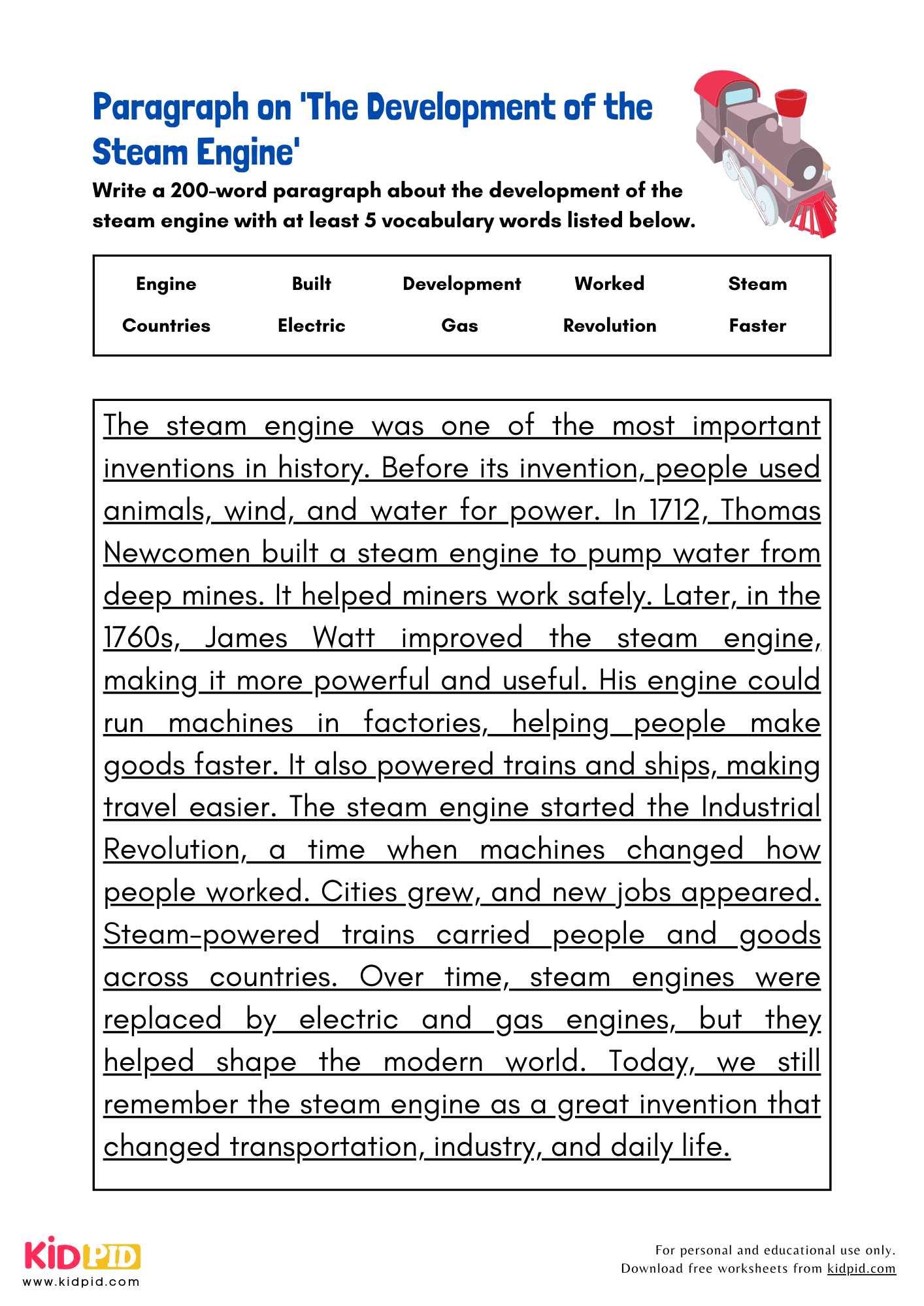 Paragraph on 'The Development of the Steam Engine' - 200 Words