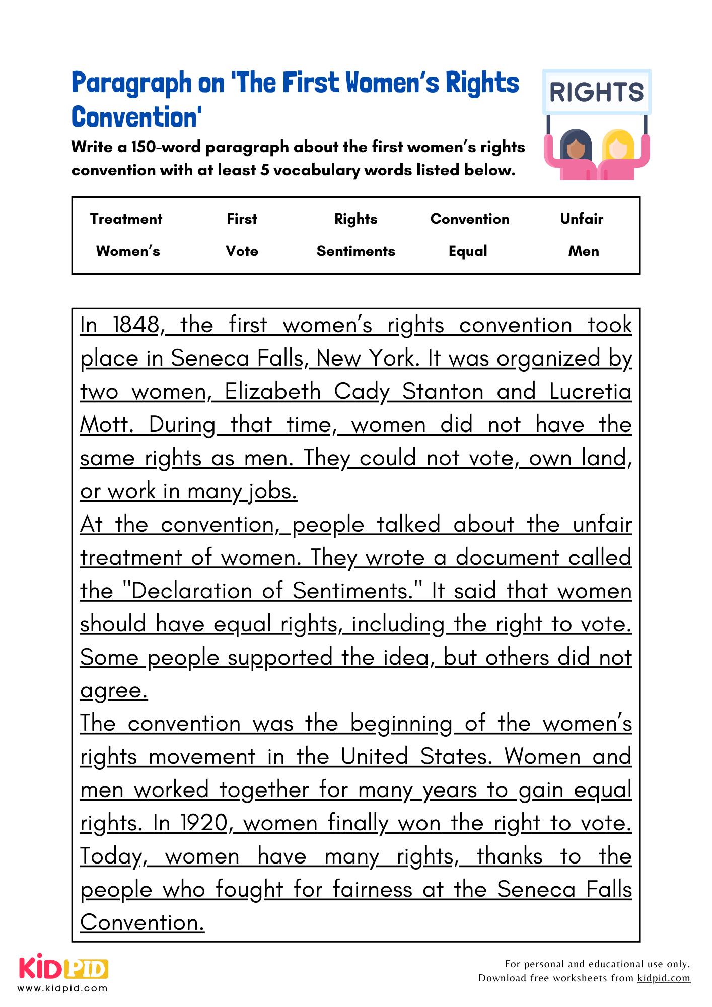Paragraph on 'The First Women’s Rights Convention' - 150 Words