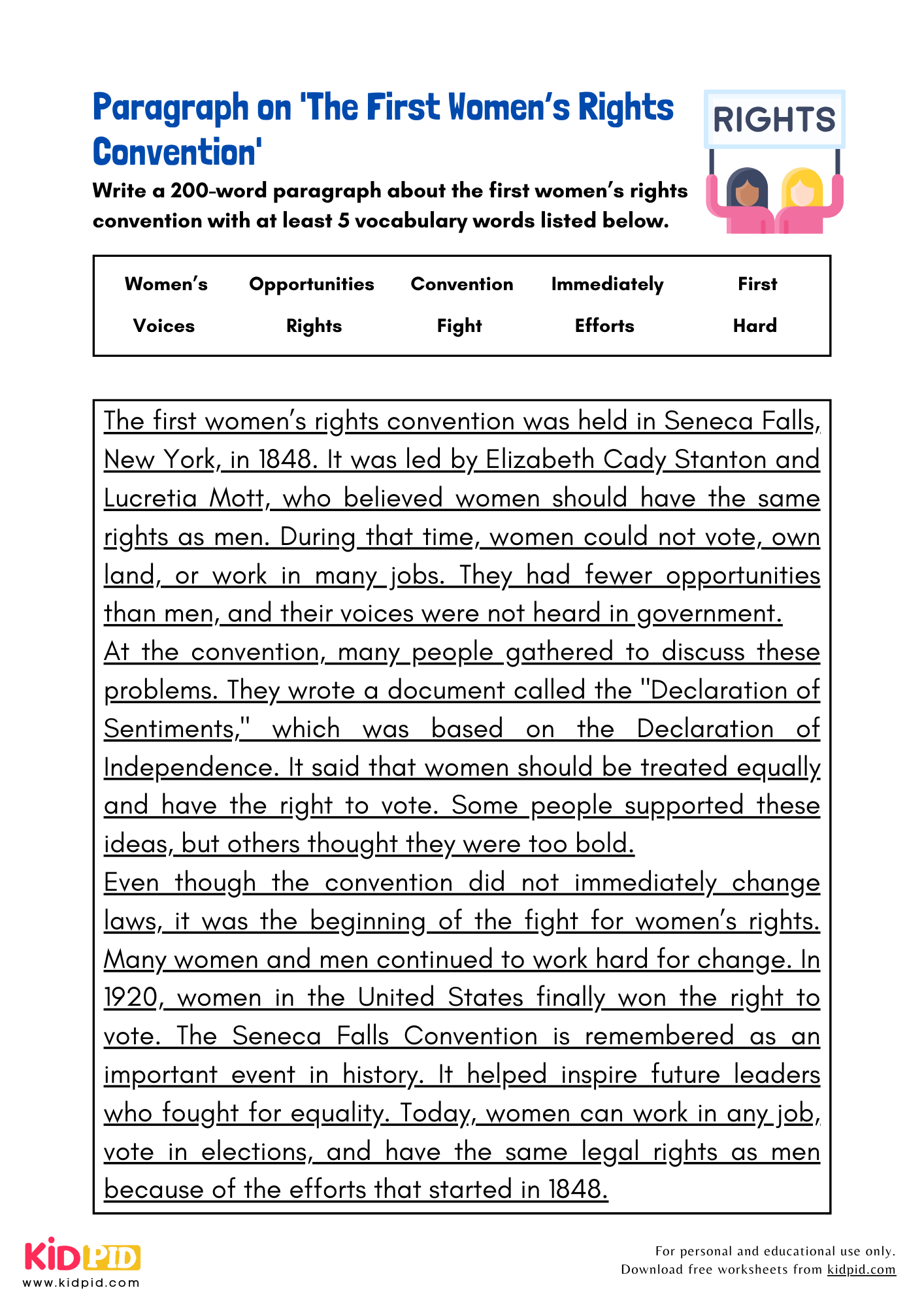 Paragraph on 'The First Women’s Rights Convention' - 200 Words