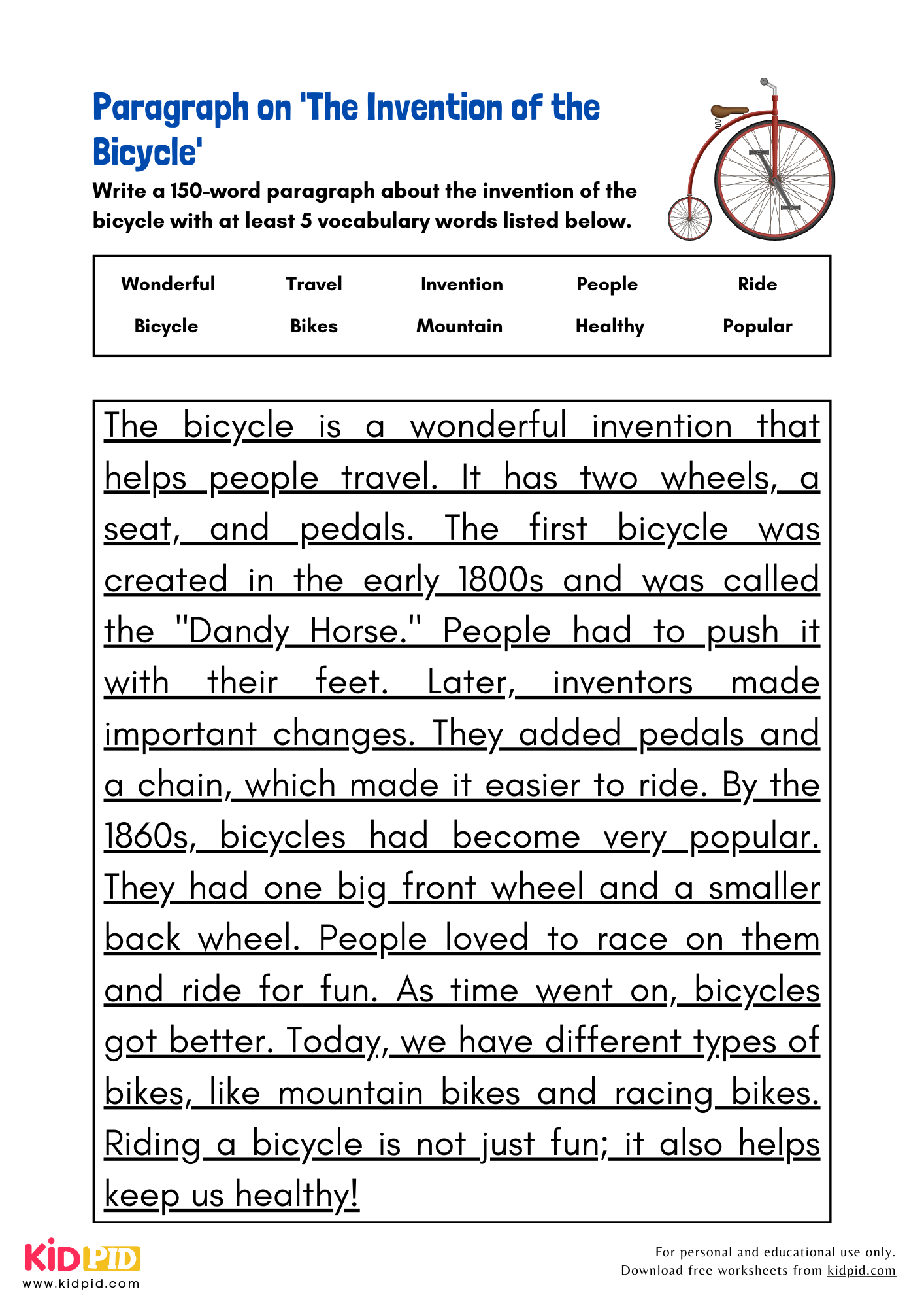 Paragraph on 'The Invention of the Bicycle' - 150 Words
