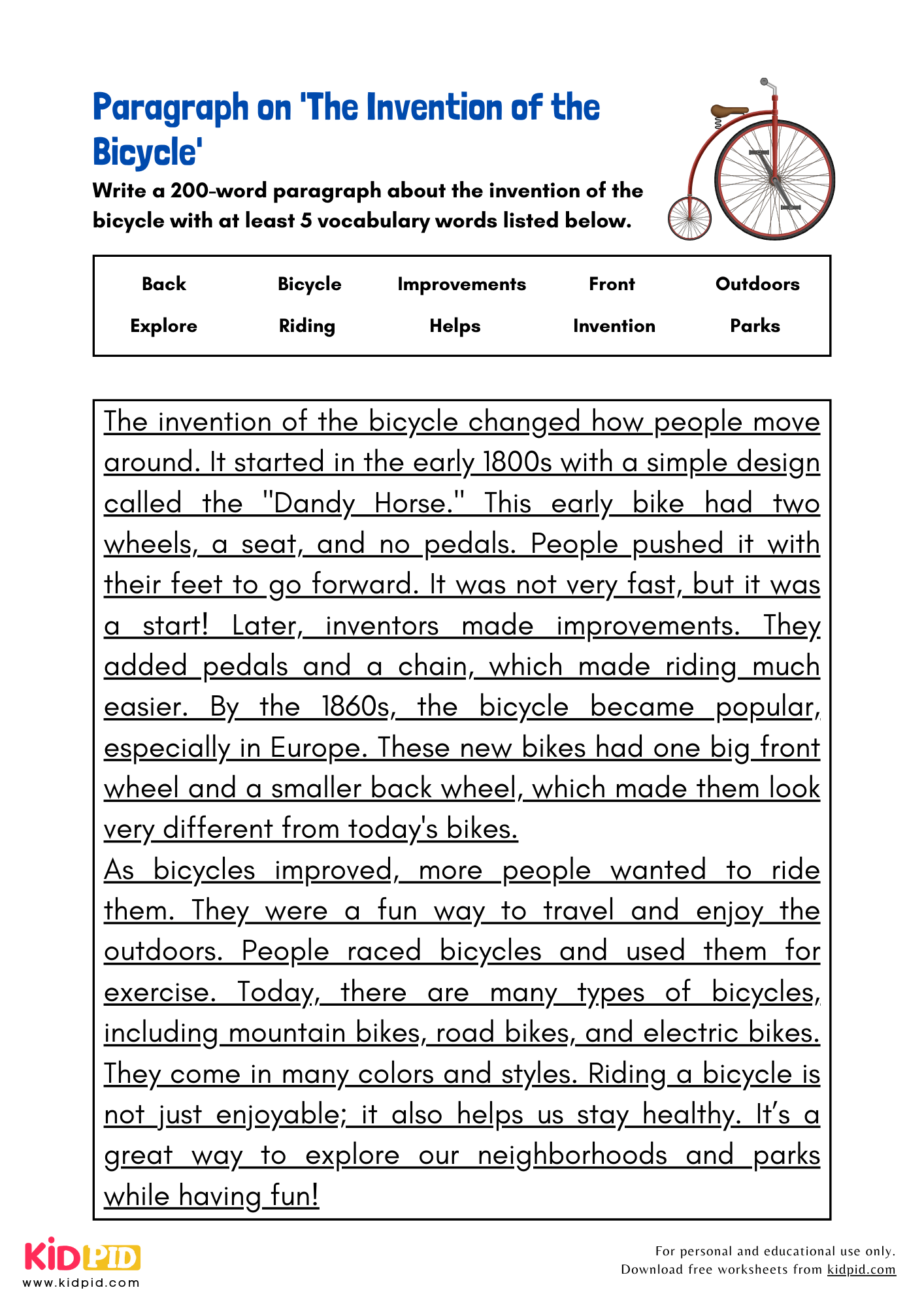 Paragraph on 'The Invention of the Bicycle' - 200 Words