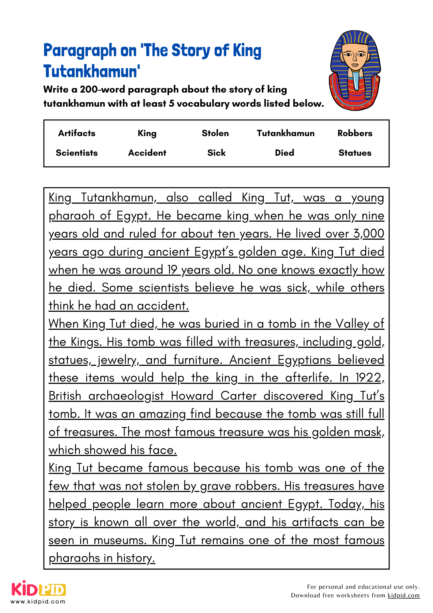 Paragraph on 'The Story of King Tutankhamun' - 200 Words