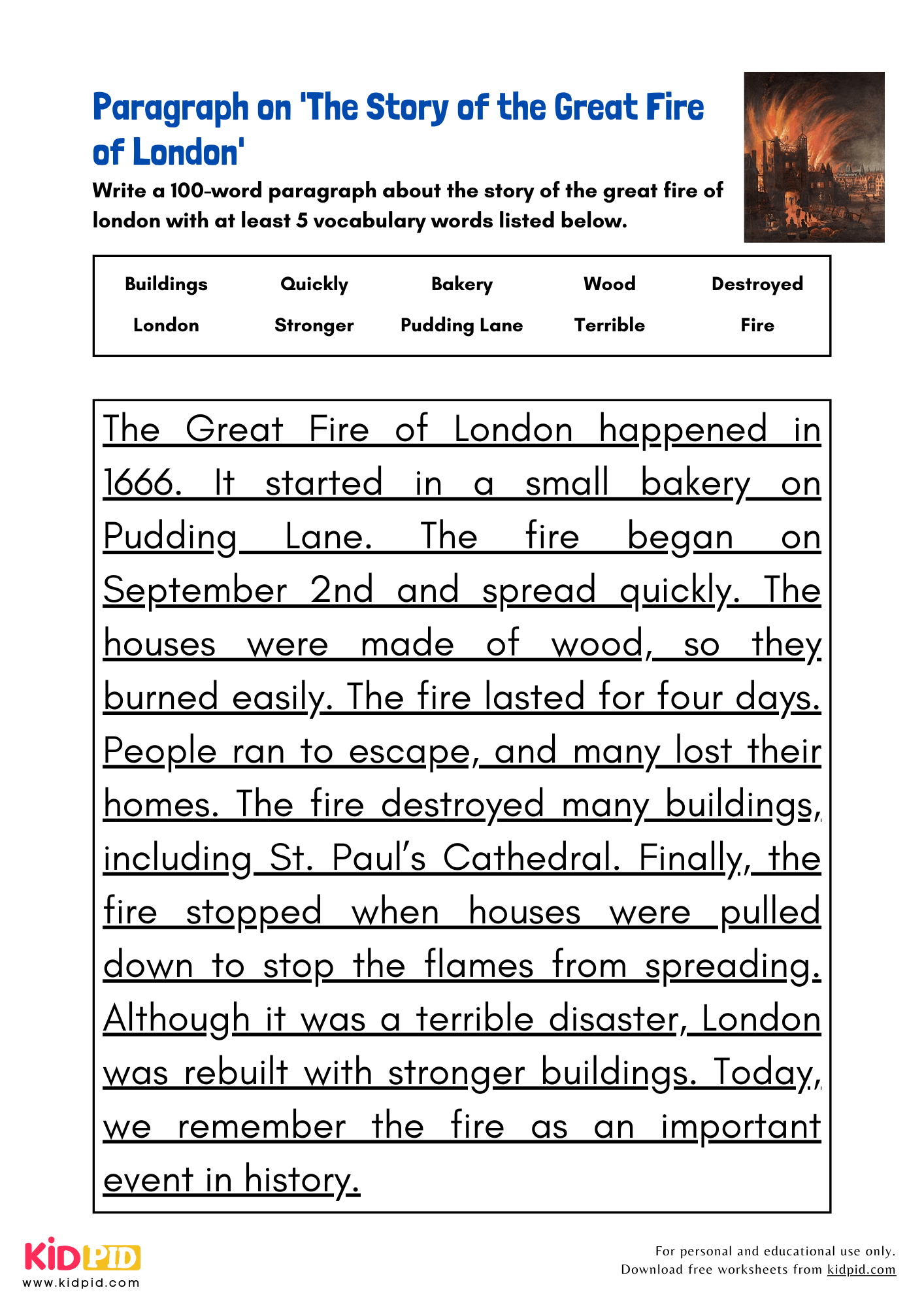 Paragraph on 'The Story of the Great Fire of London' - 100 Words