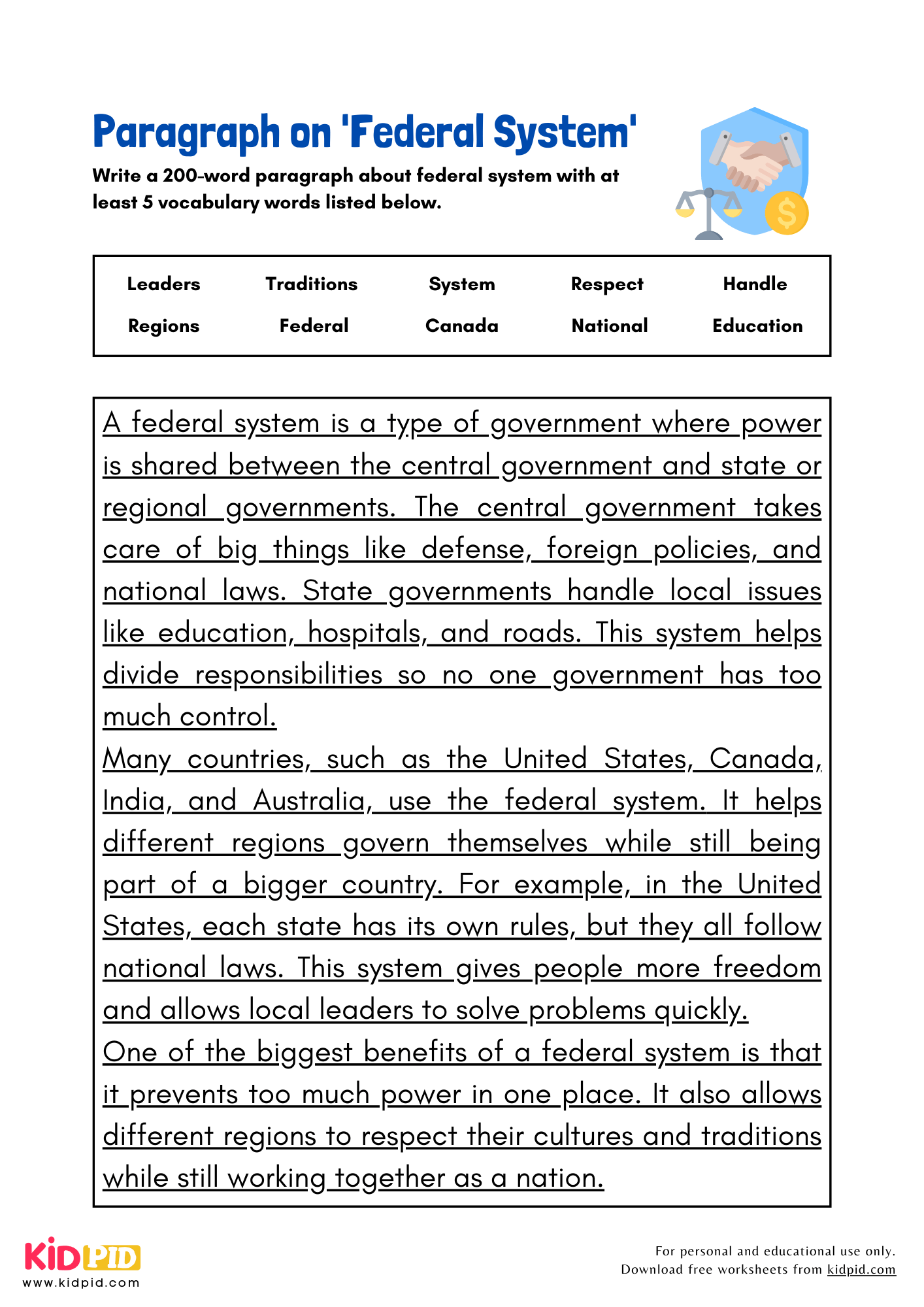 Paragraph on 'Federal System' - 200 Words