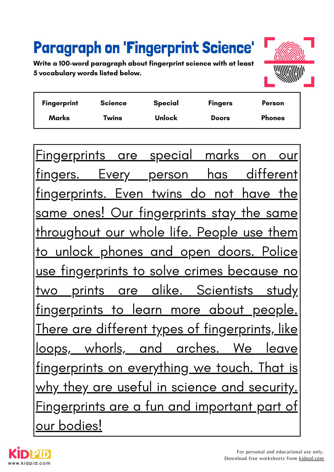 Paragraph on 'Fingerprint Science' - 100 Words