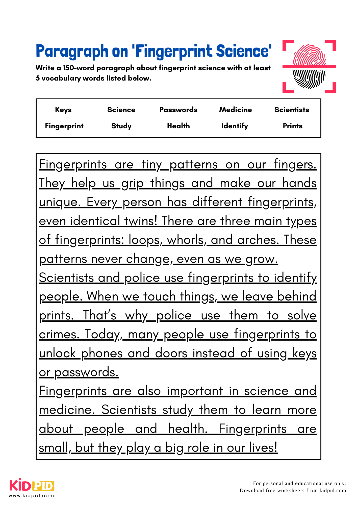 Paragraph on 'Fingerprint Science' - 150 Words