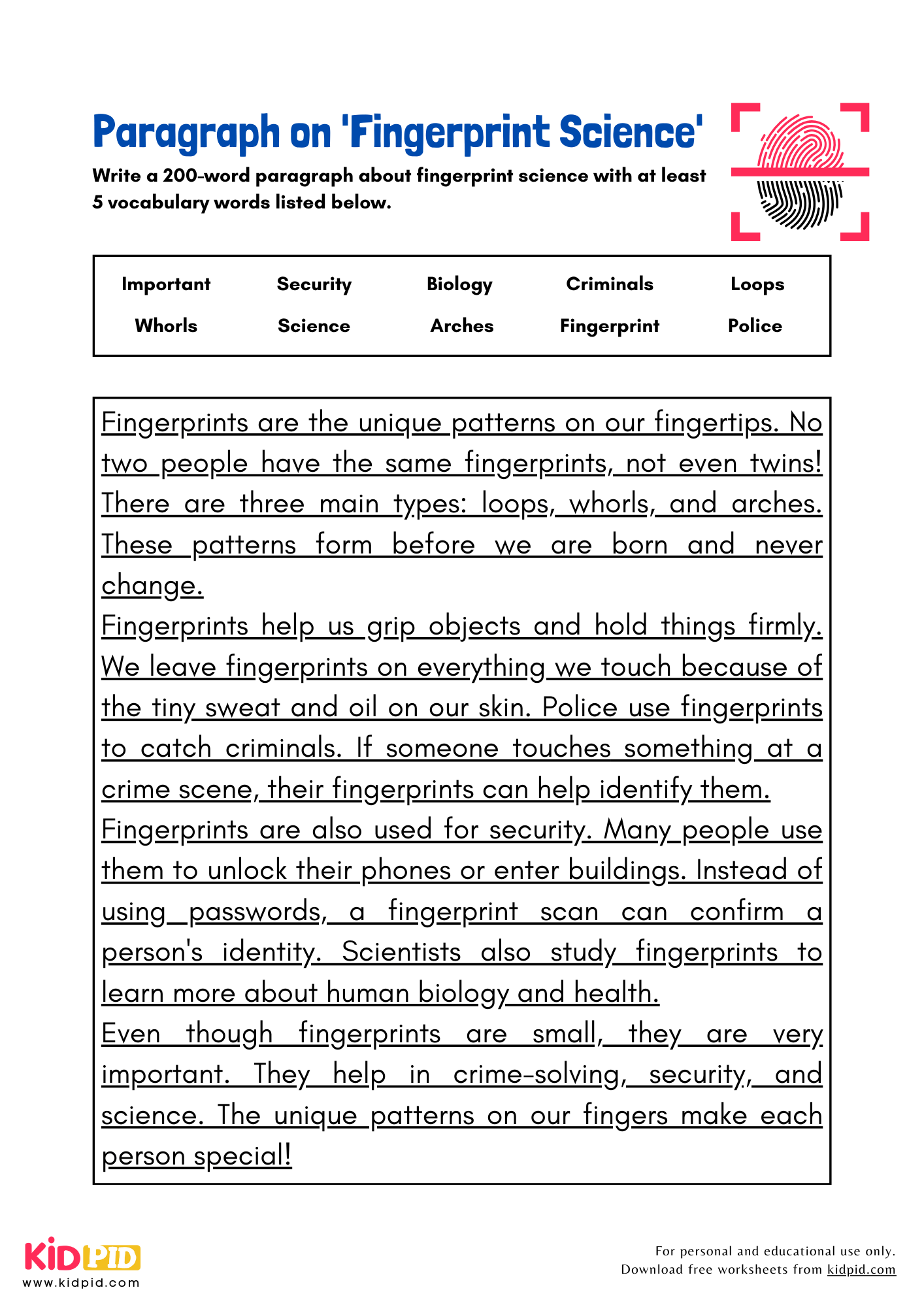 Paragraph on 'Fingerprint Science' - 200 Words