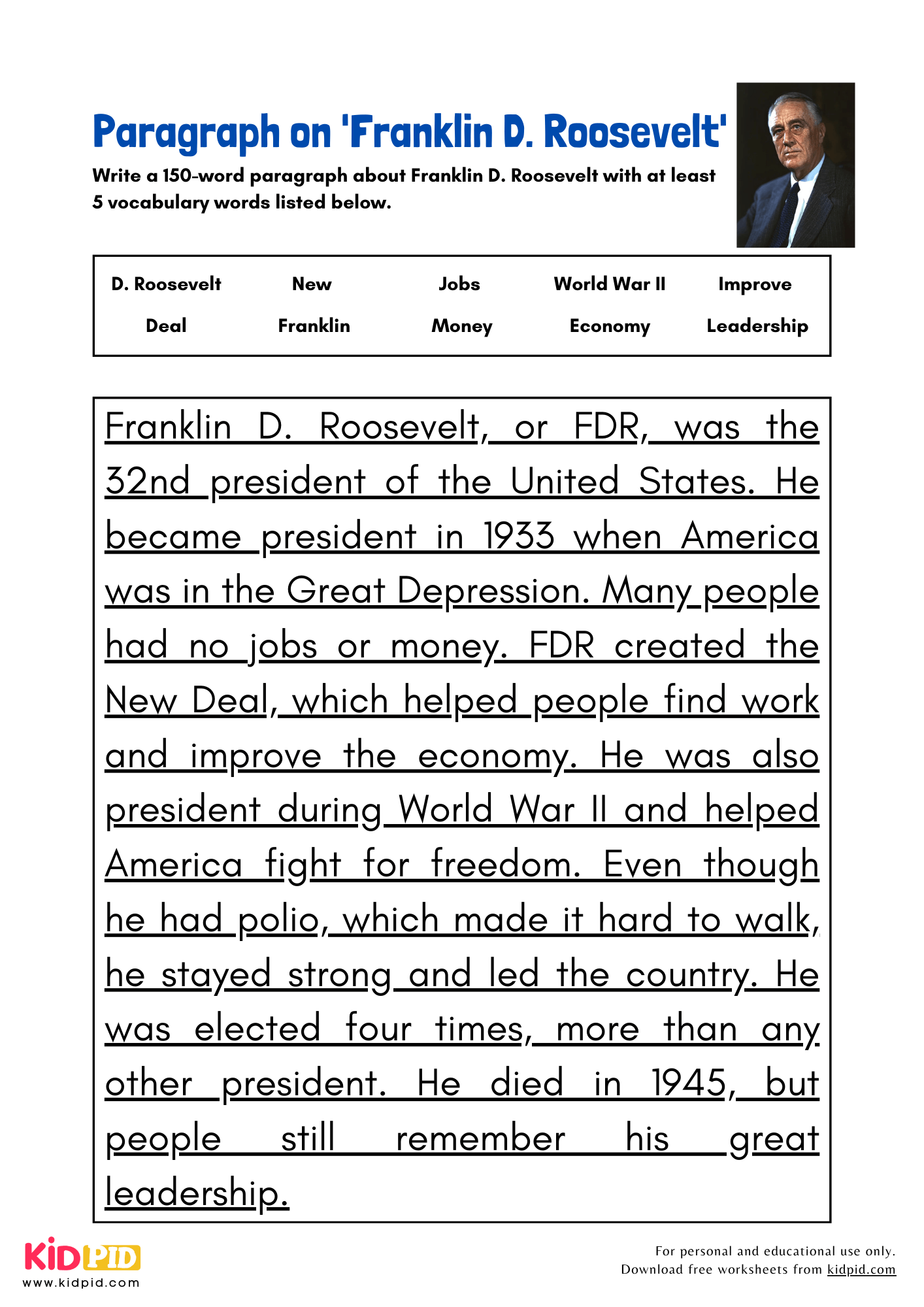 Paragraph on 'Franklin D. Roosevelt' - 150 Words
