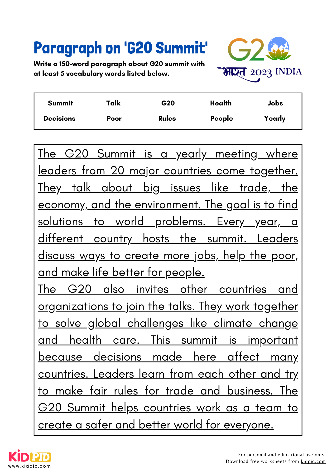 Paragraph on 'G20 Summit' - 150 Words