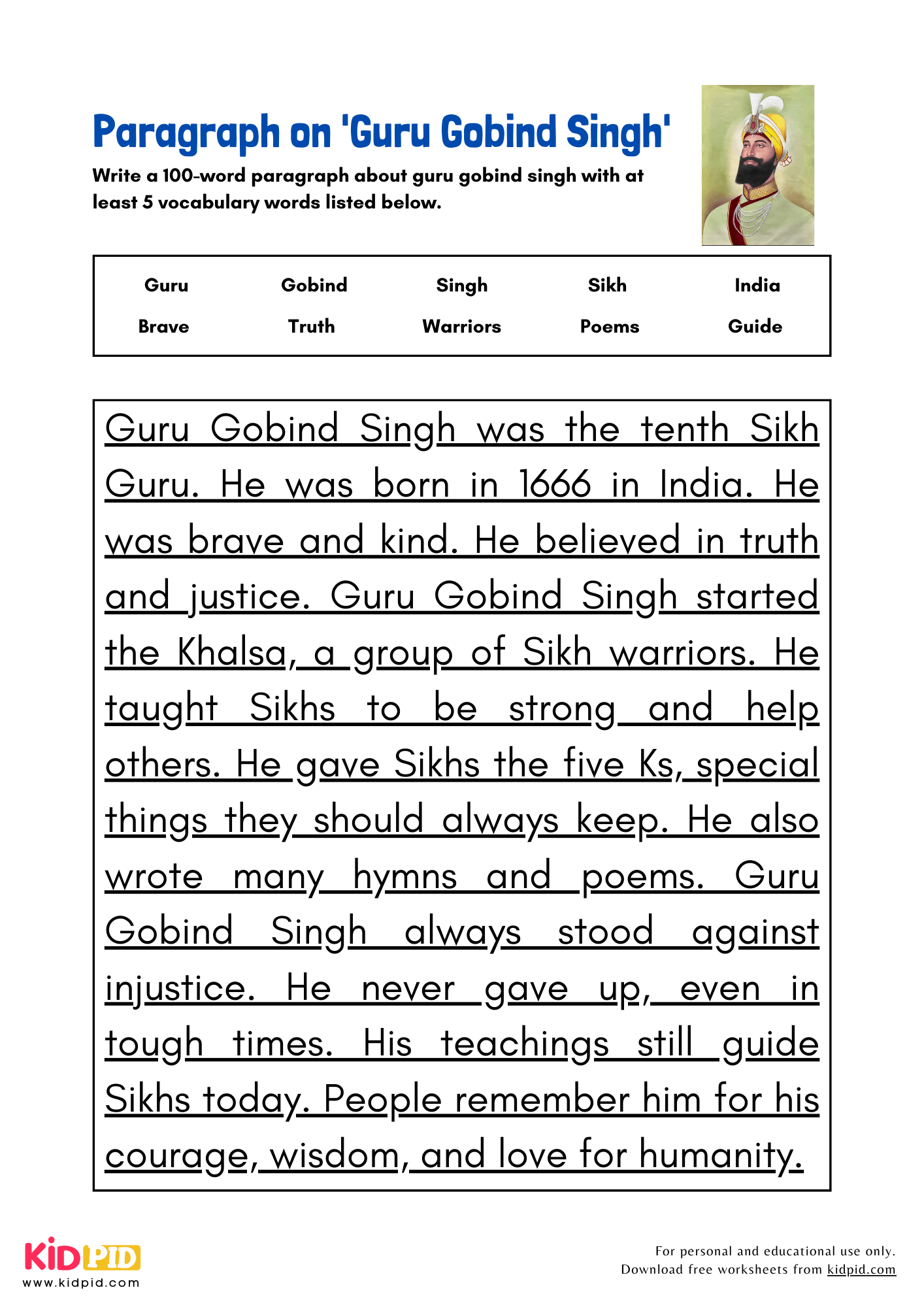 Paragraph on 'Guru Gobind Singh' - 100 Words