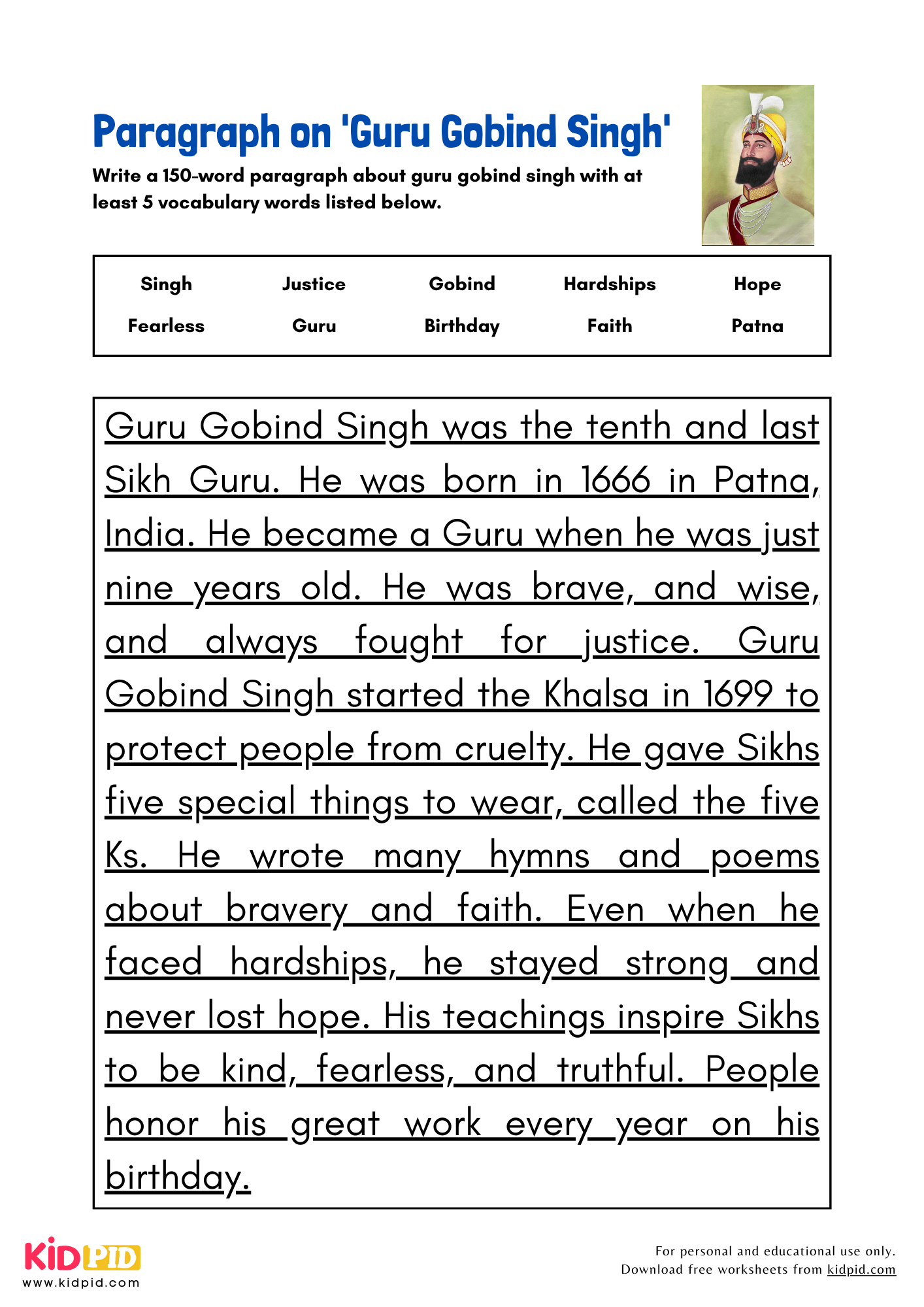 Paragraph on 'Guru Gobind Singh' - 150 Words