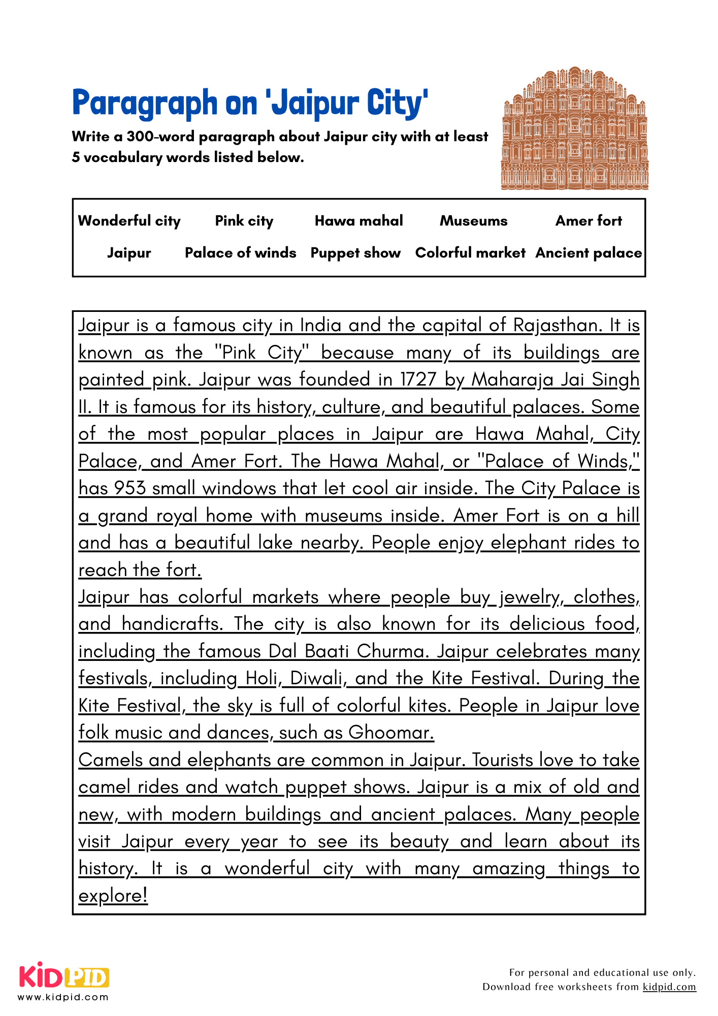 Paragraph on 'Jaipur City' - 300 Words