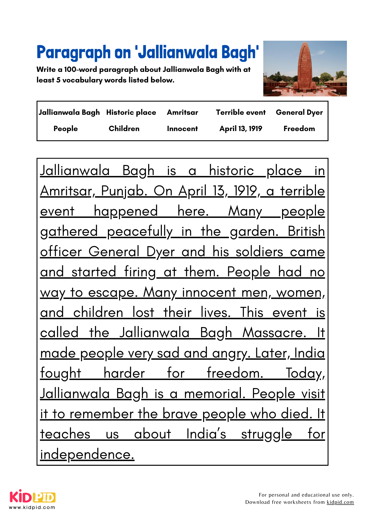 Paragraph on 'Jallianwala Bagh' - 100 Words