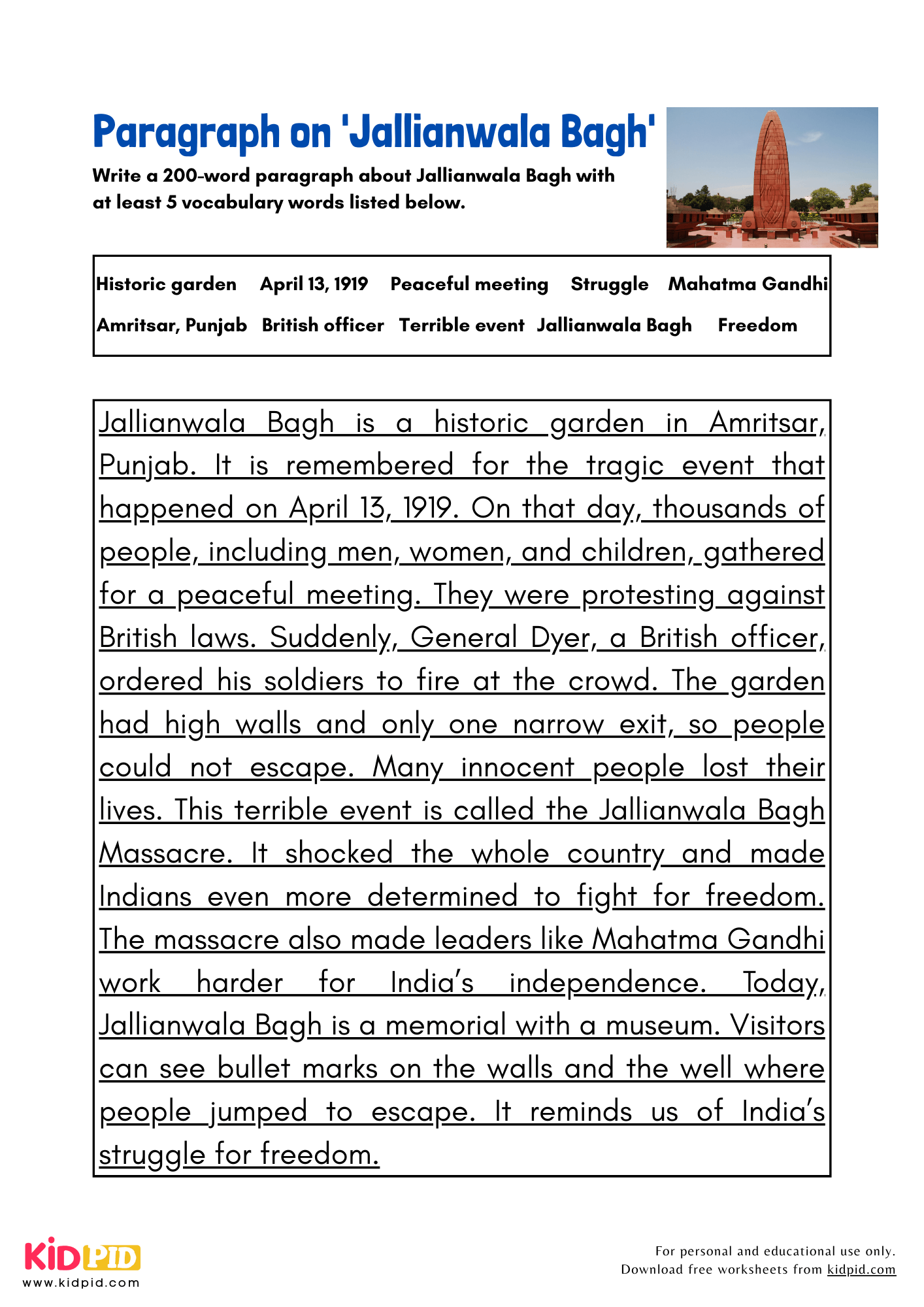 Paragraph on 'Jallianwala Bagh' - 200 Words