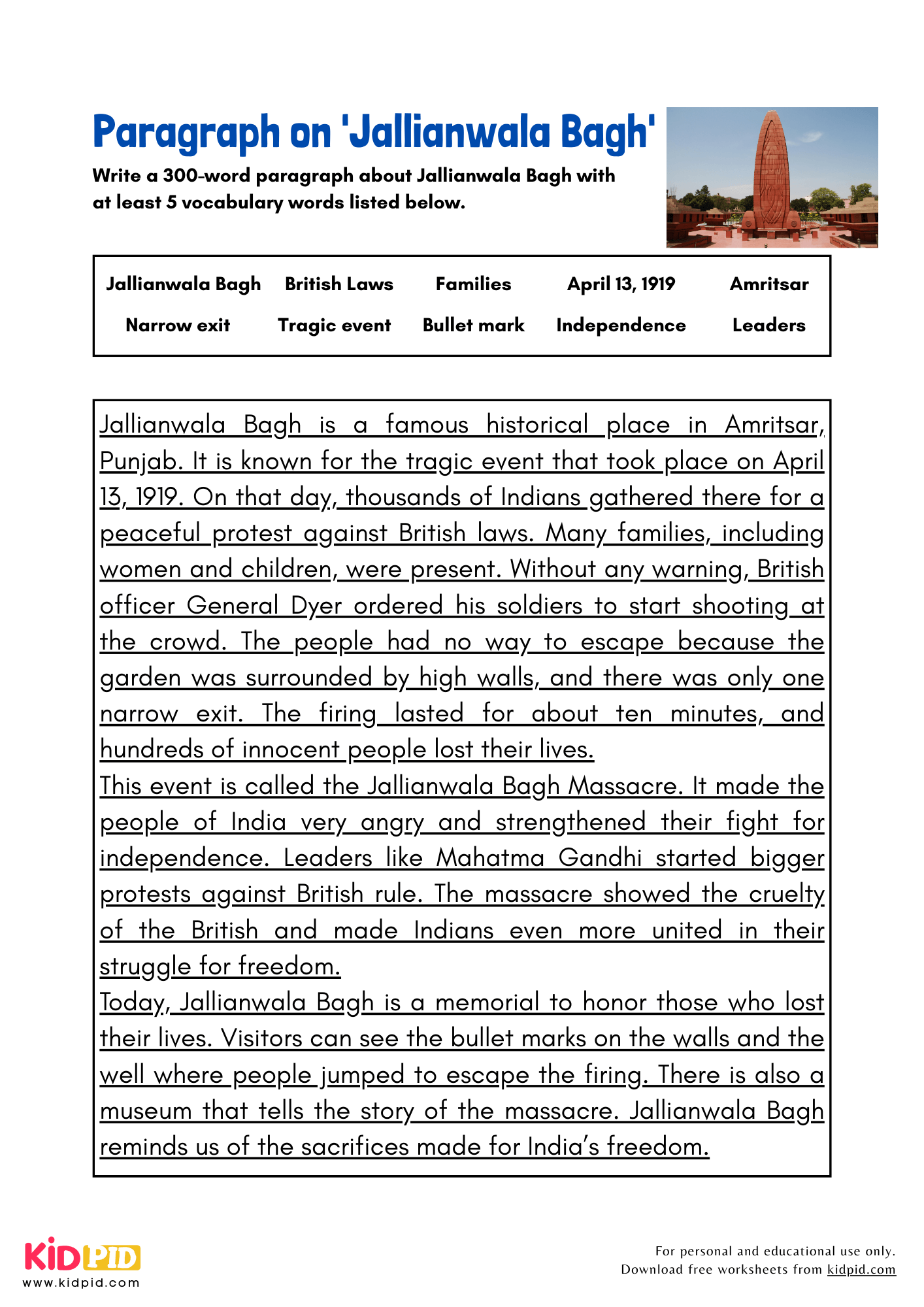 Paragraph on 'Jallianwala Bagh' - 300 Words
