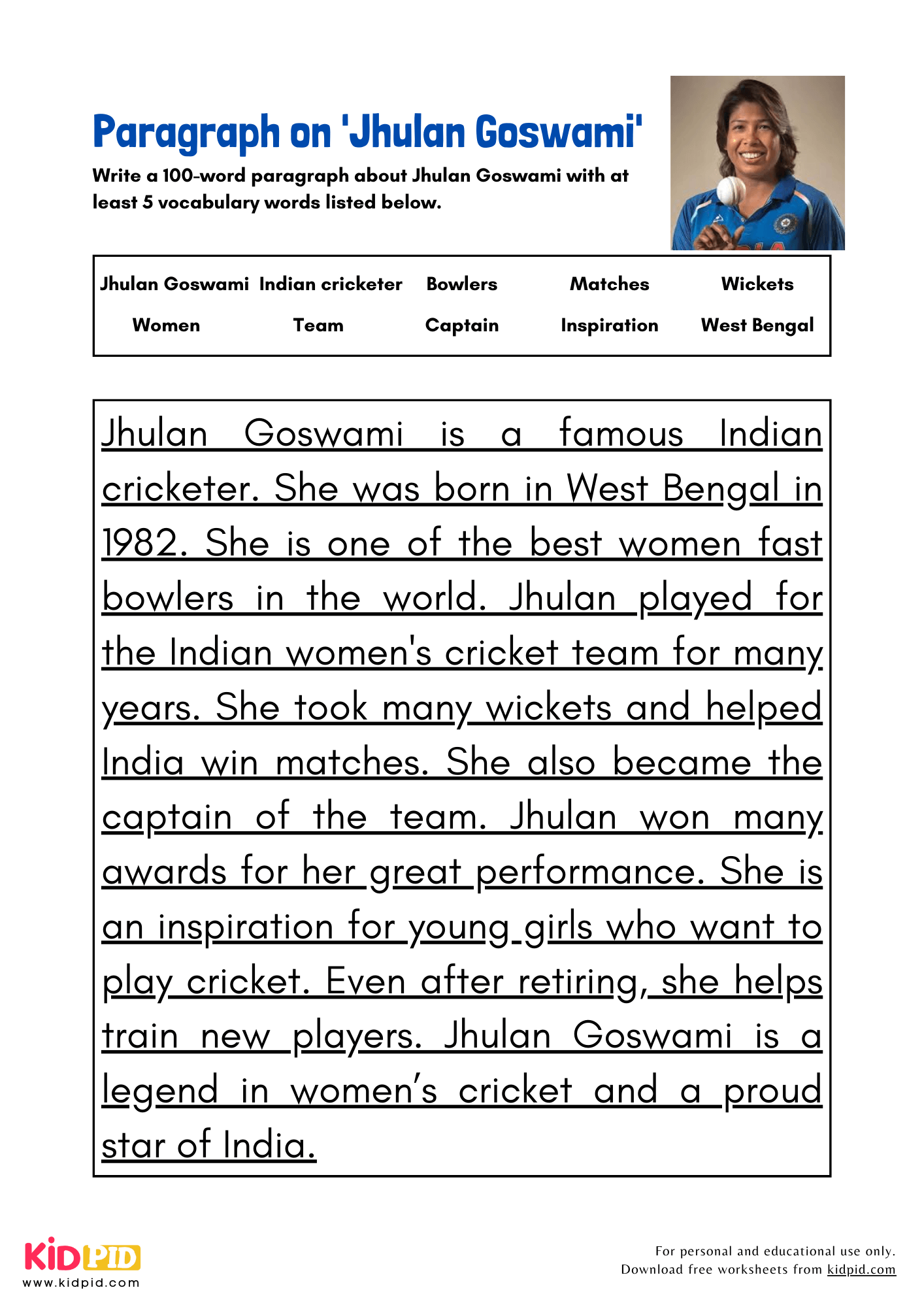 Paragraph on 'Jhulan Goswami' - 100 Words