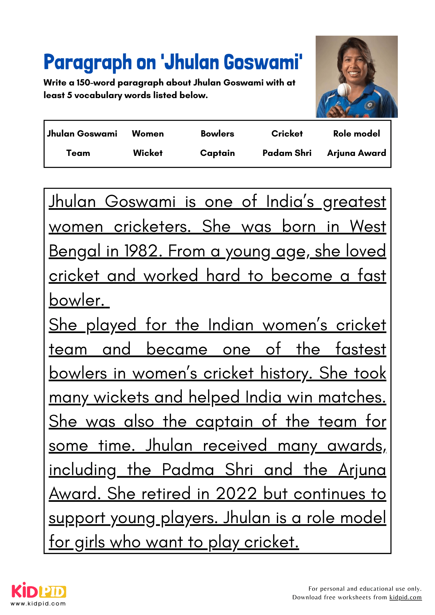 Paragraph on 'Jhulan Goswami' - 150 Words