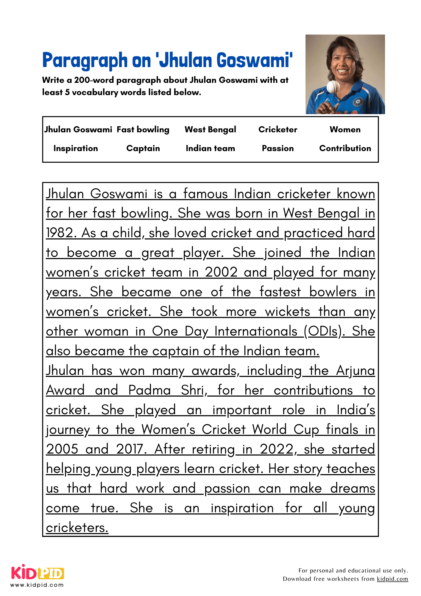 Paragraph on 'Jhulan Goswami' - 200 Words