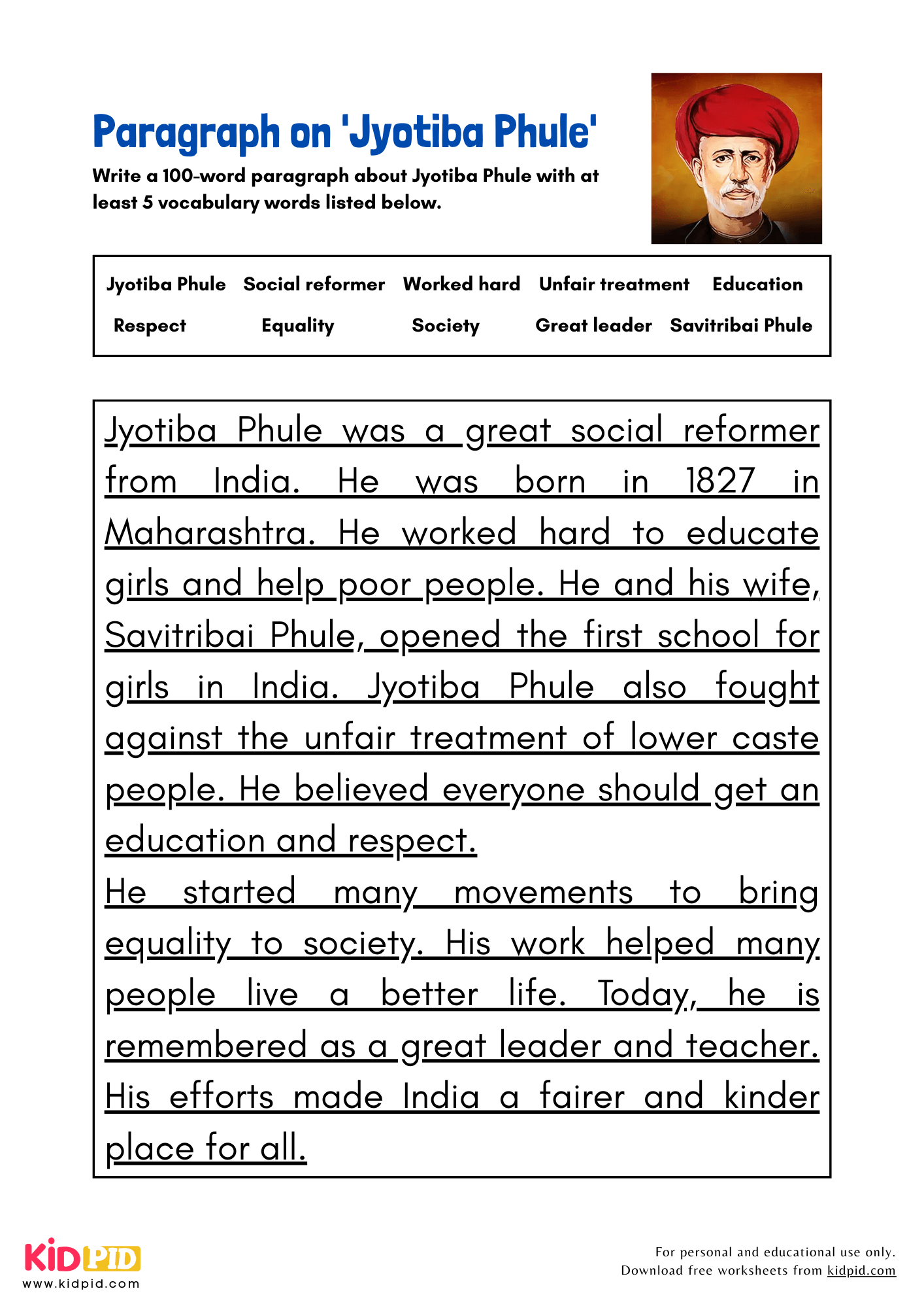 Paragraph on 'Jyotiba Phule' - 100 Words