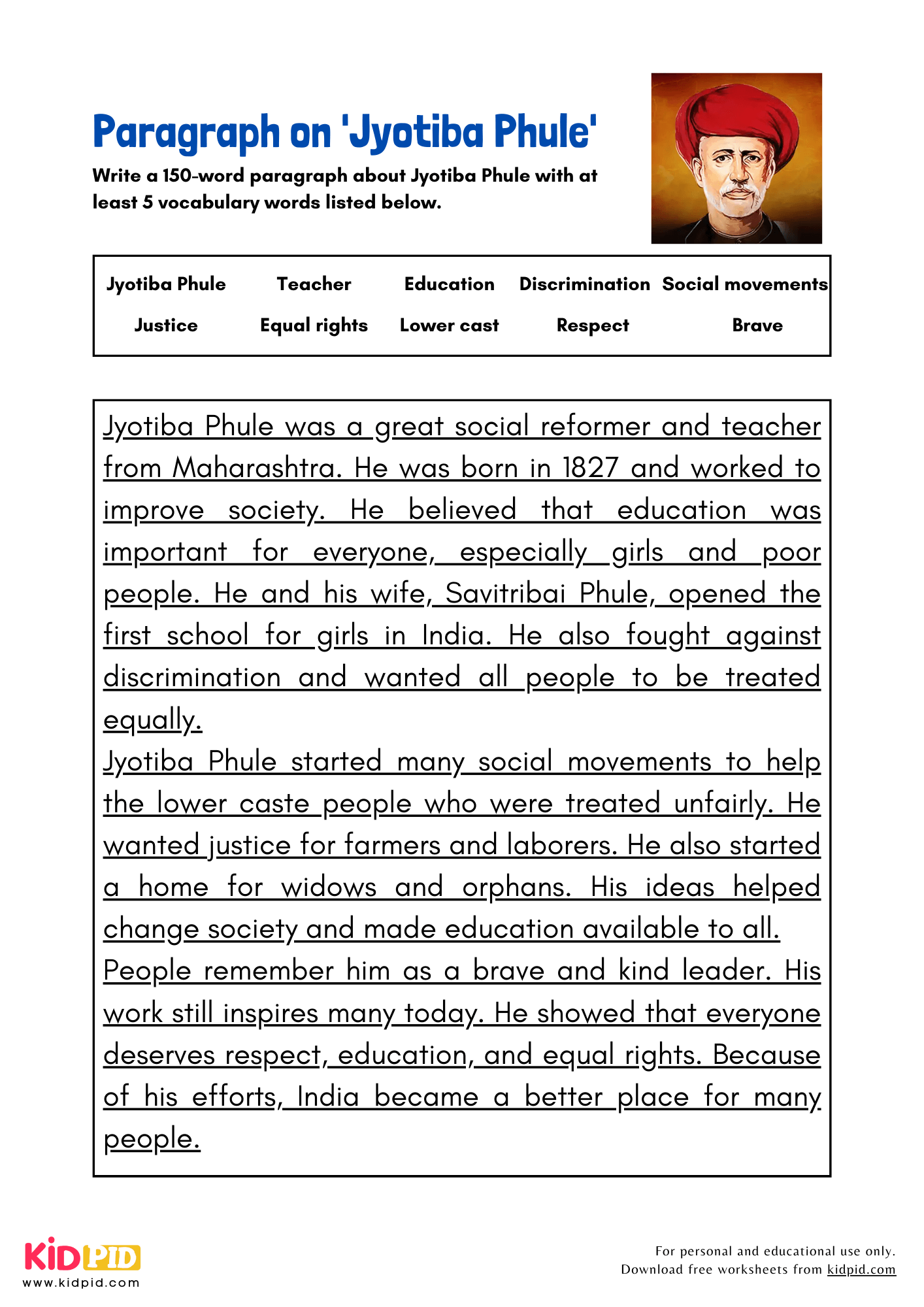 Paragraph on 'Jyotiba Phule' - 150 Words