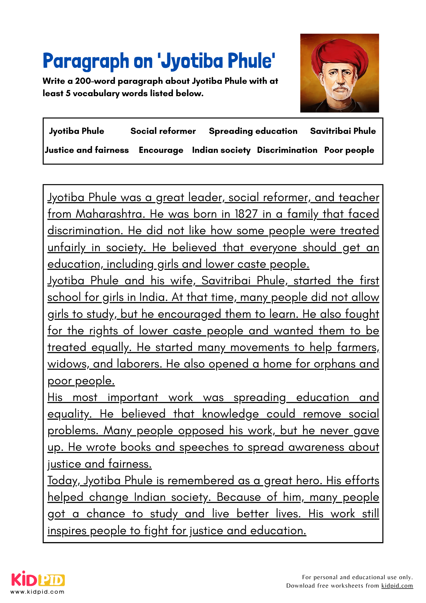 Paragraph on 'Jyotiba Phule' - 200 Words