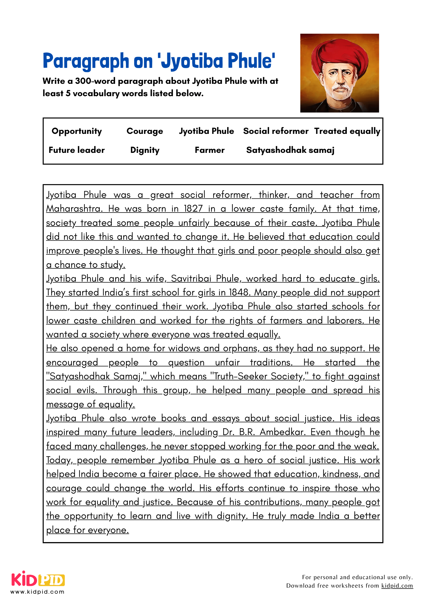 Paragraph on 'Jyotiba Phule' - 300 Words