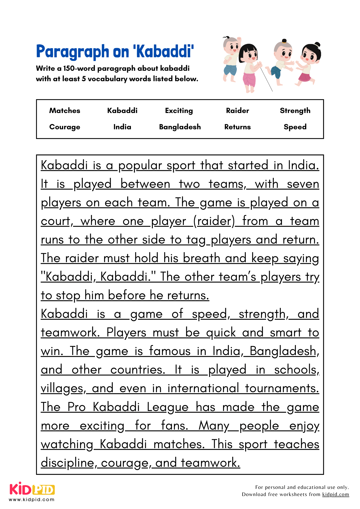 Paragraph on 'Kabaddi' - 150 Words