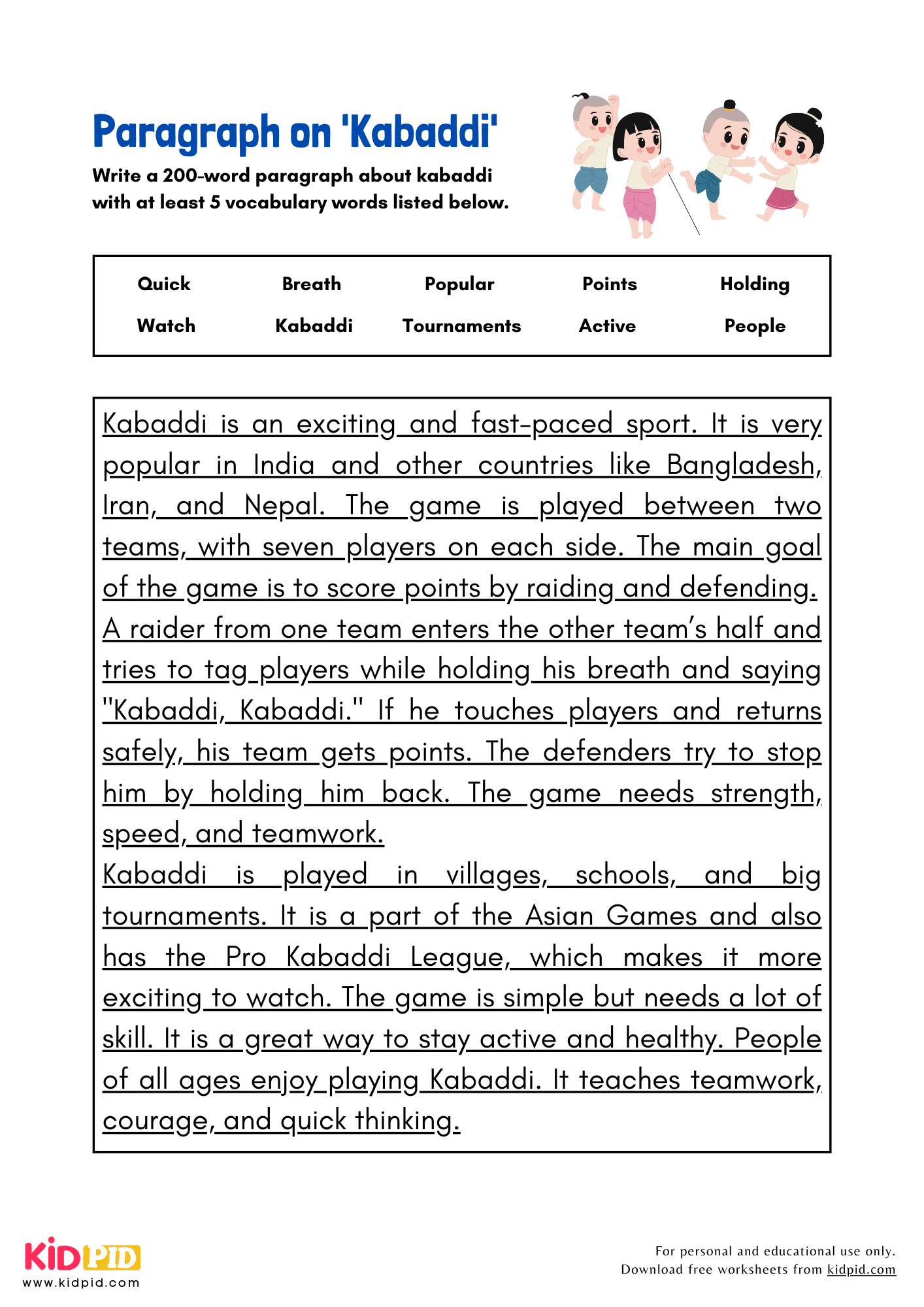 Paragraph on 'Kabaddi' - 200 Words