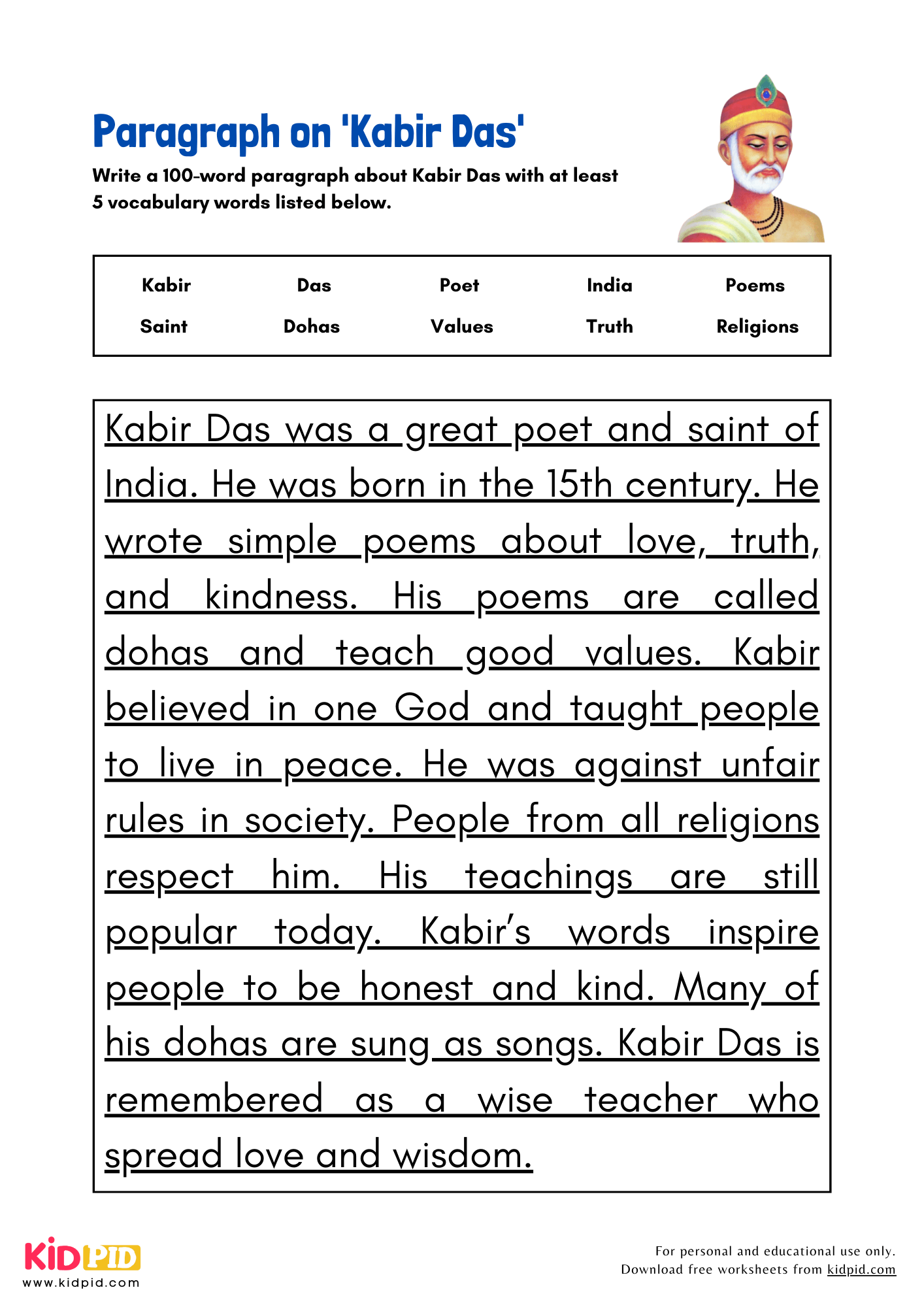 Paragraph on 'Kabir Das' - 100 Words