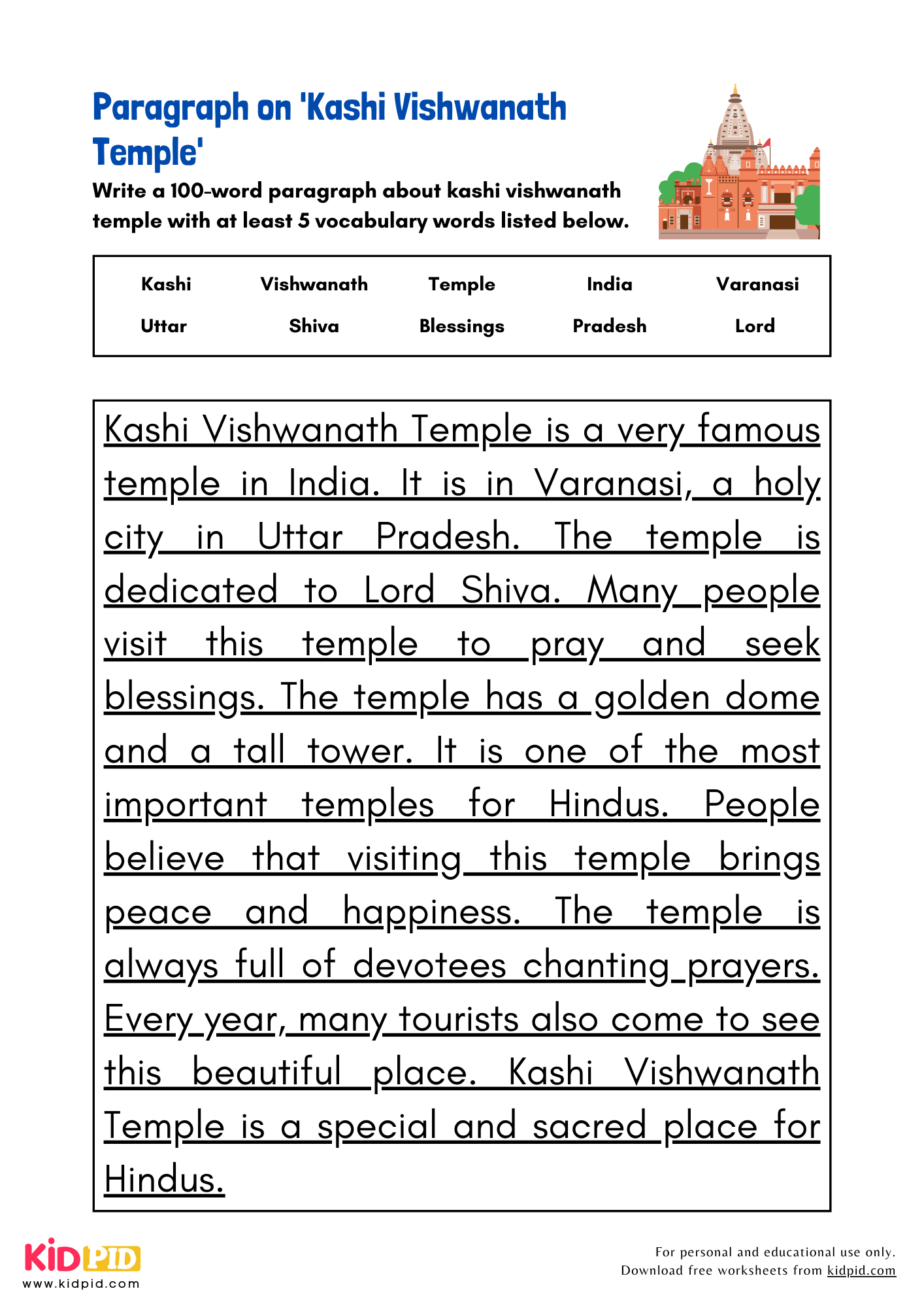 Paragraph on 'Kashi Vishwanath Temple' - 100 Words