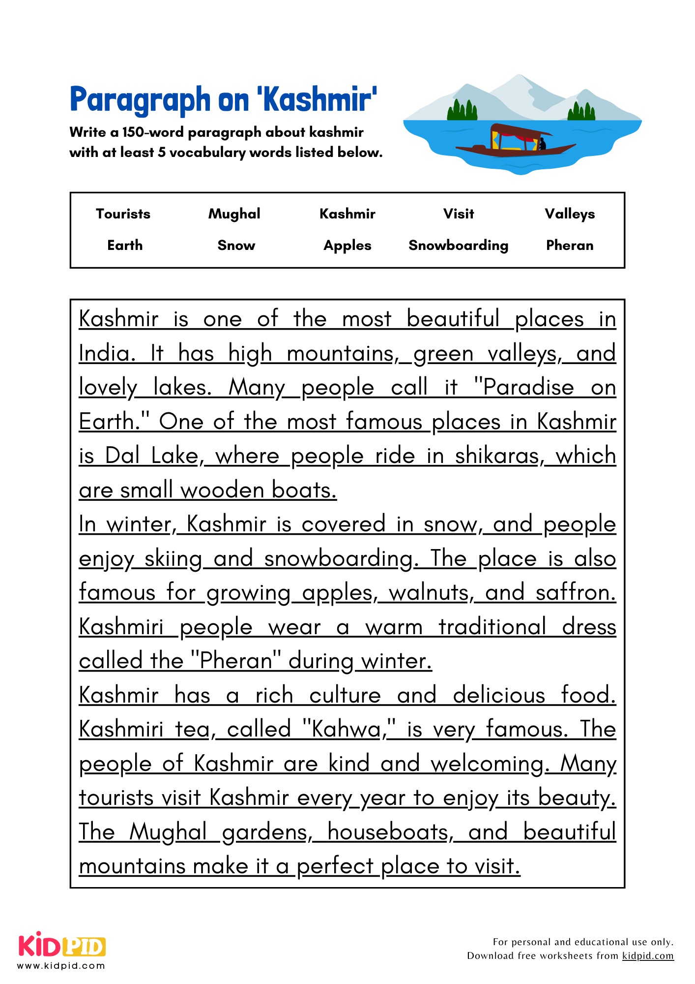 Paragraph on 'Kashmir' - 150 Words