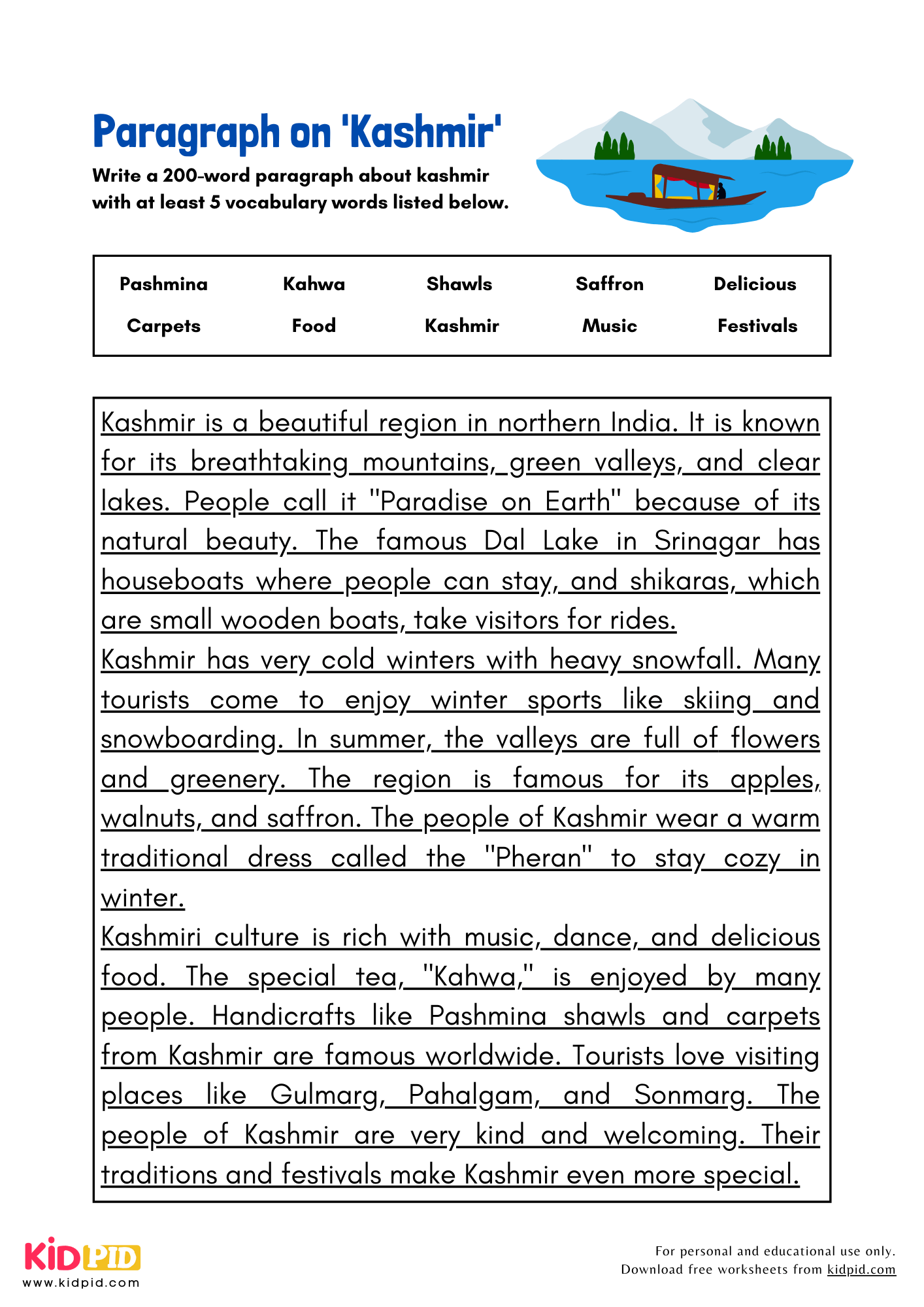 Paragraph on 'Kashmir' - 200 Words