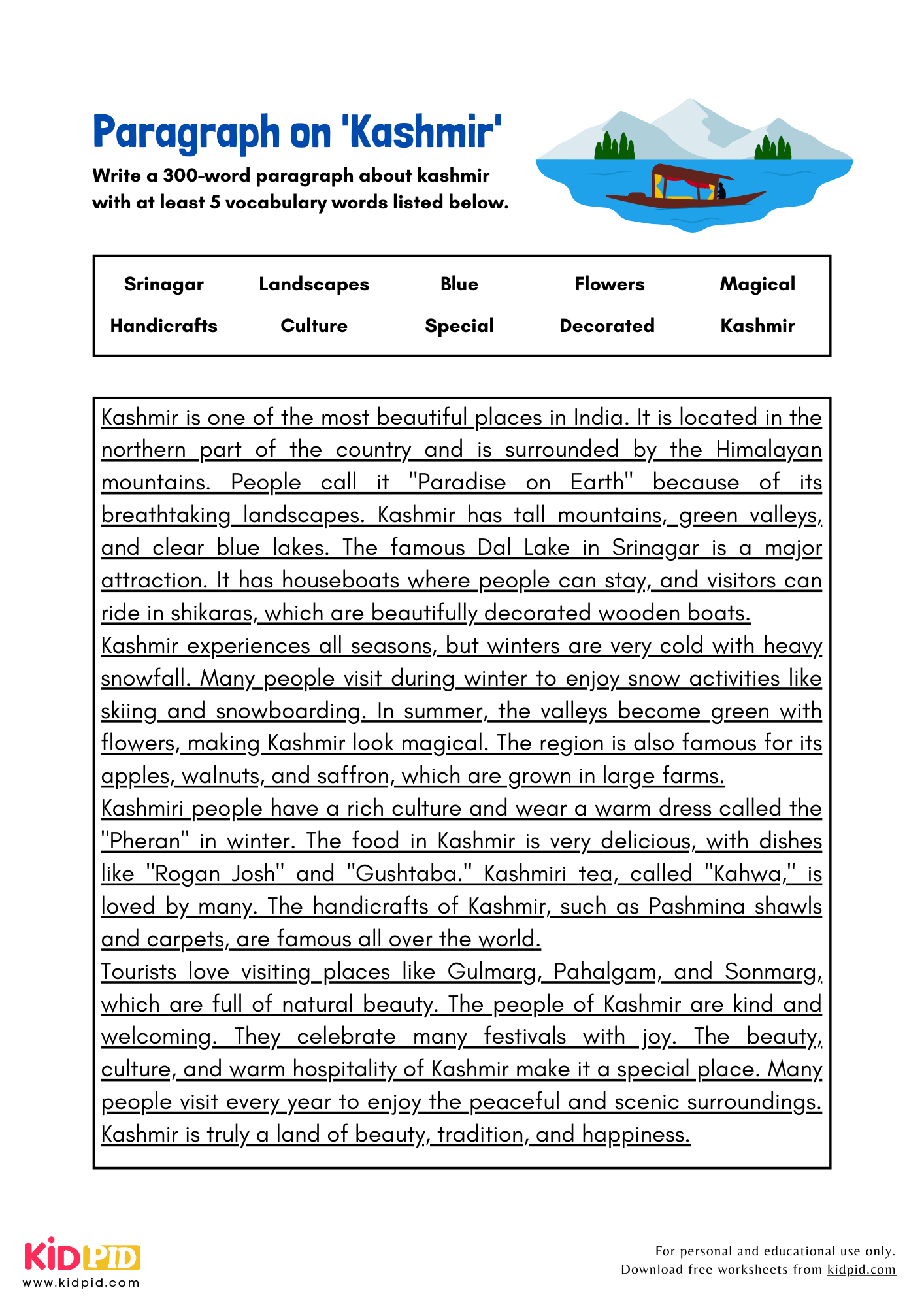 Paragraph on 'Kashmir' - 300 Words