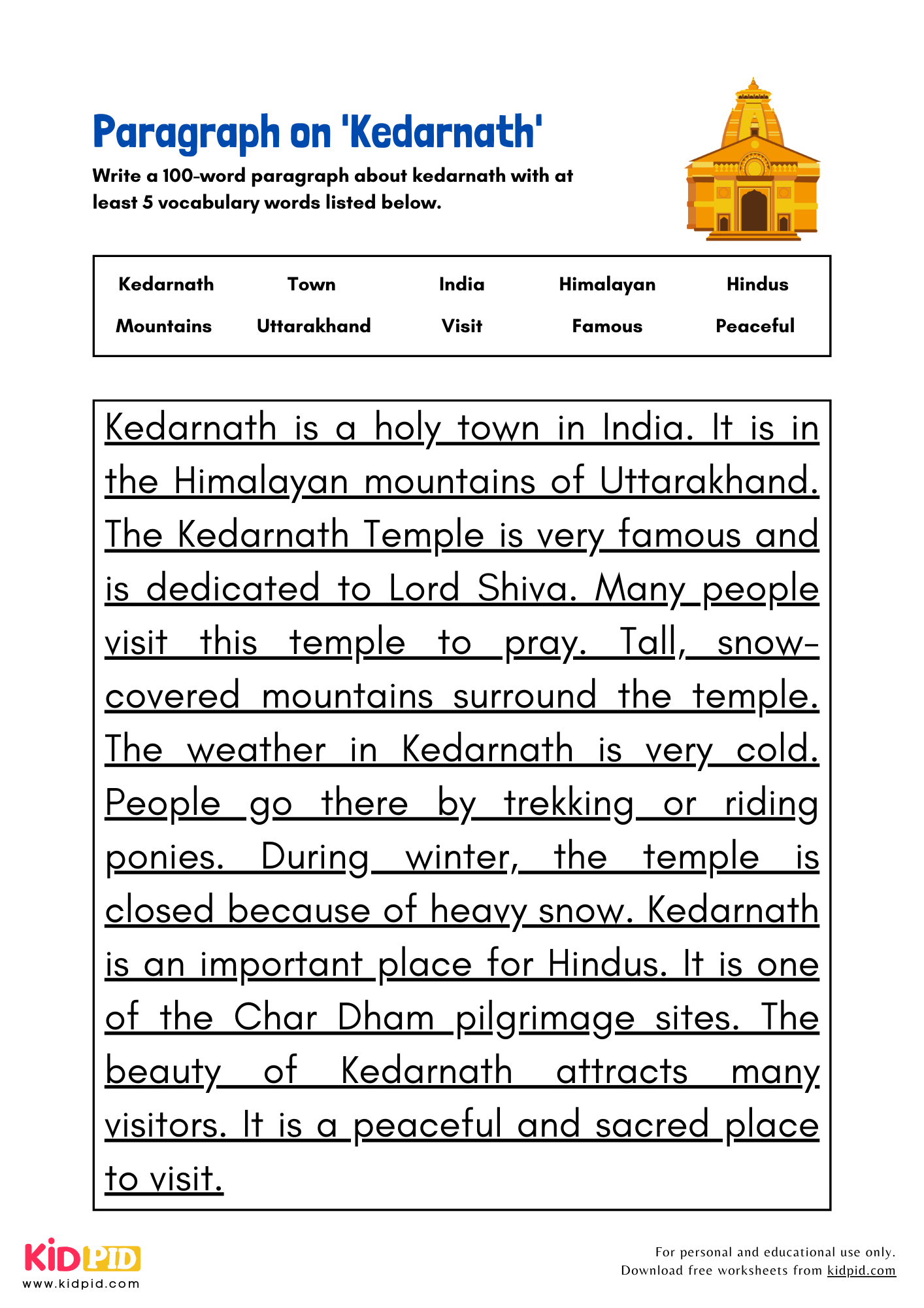 Paragraph on 'Kedarnath' - 100 Words