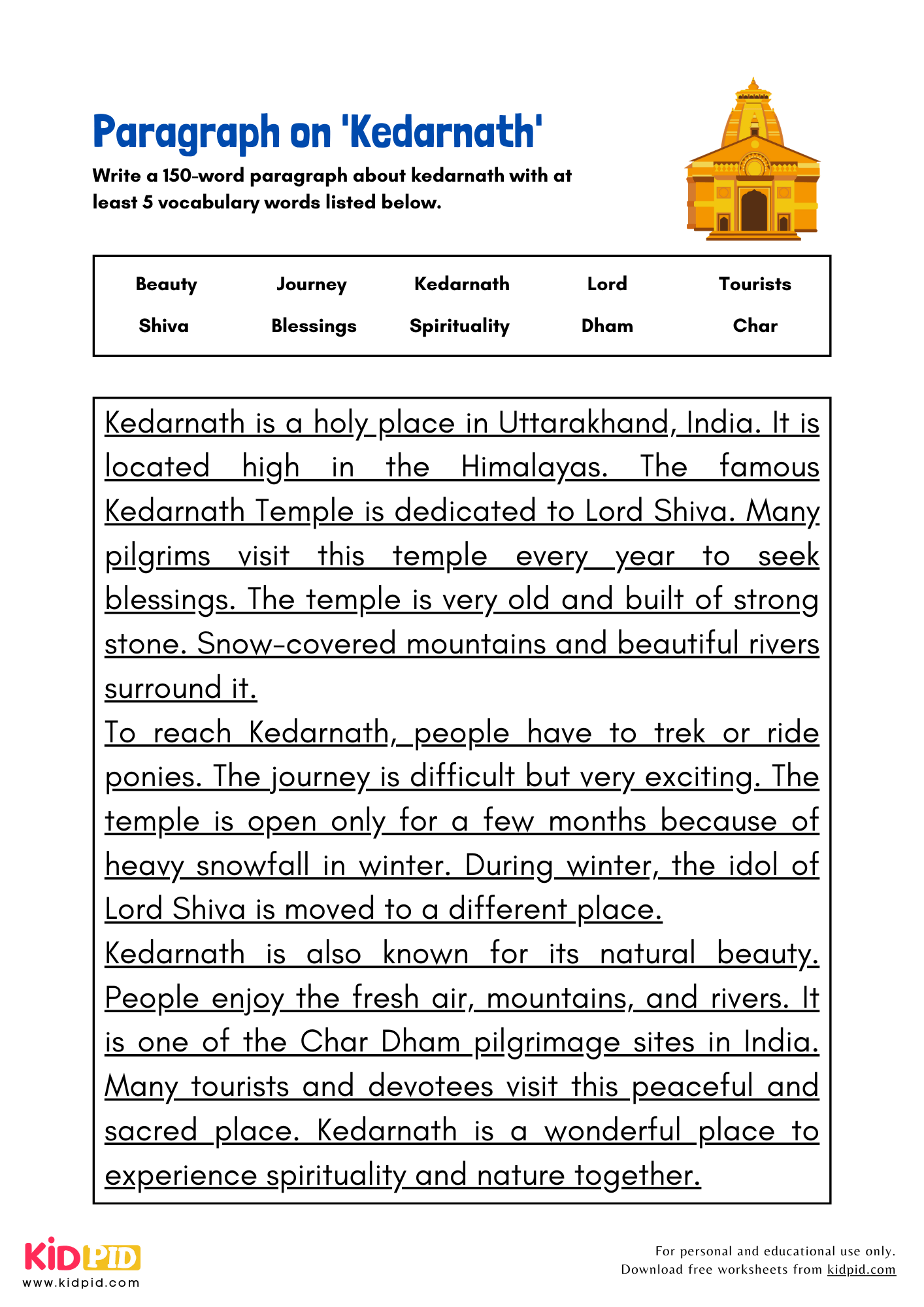 Paragraph on 'Kedarnath' - 150 Words