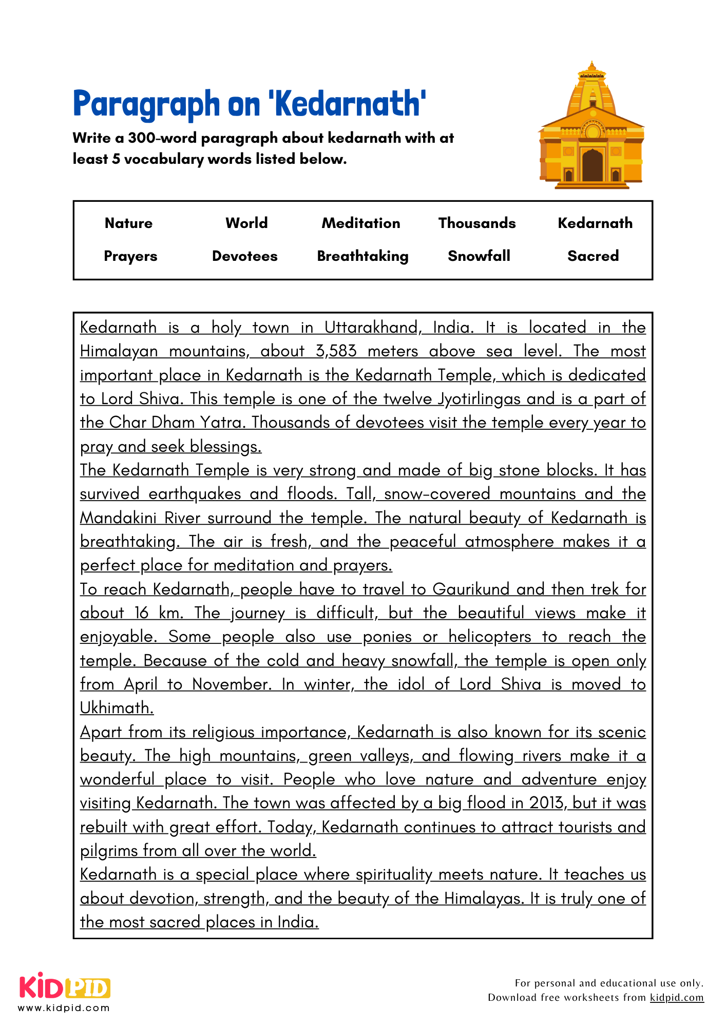 Paragraph on 'Kedarnath' - 300 Words