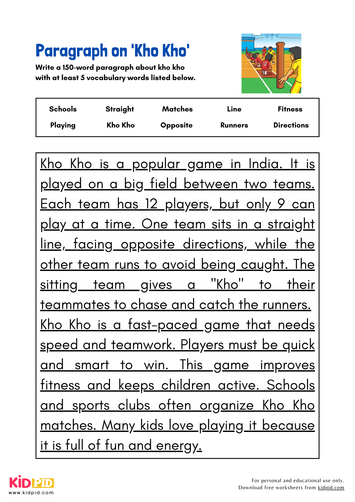 Paragraph on 'Kho Kho' - 150 Words