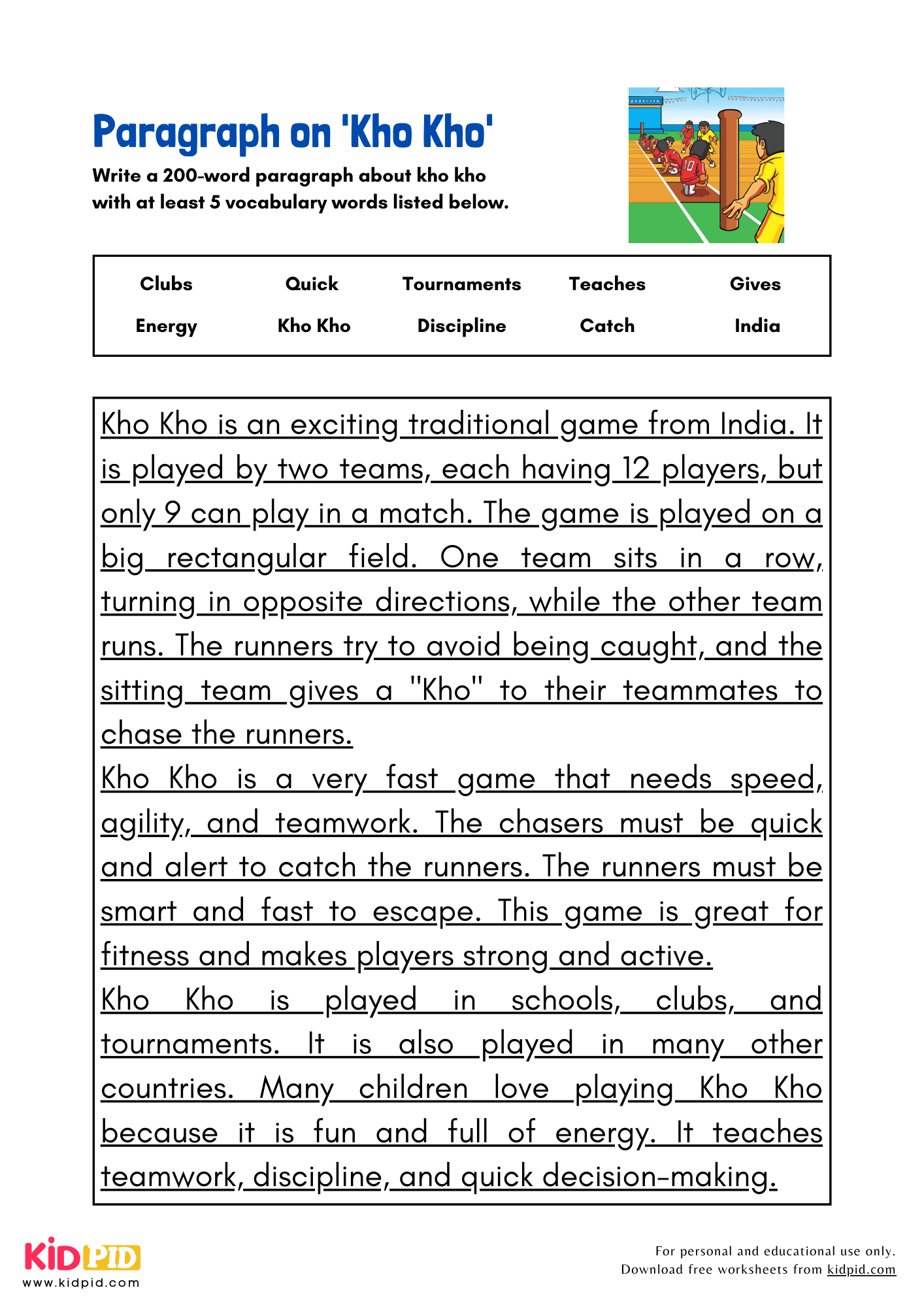 Paragraph on 'Kho Kho' - 200 Words