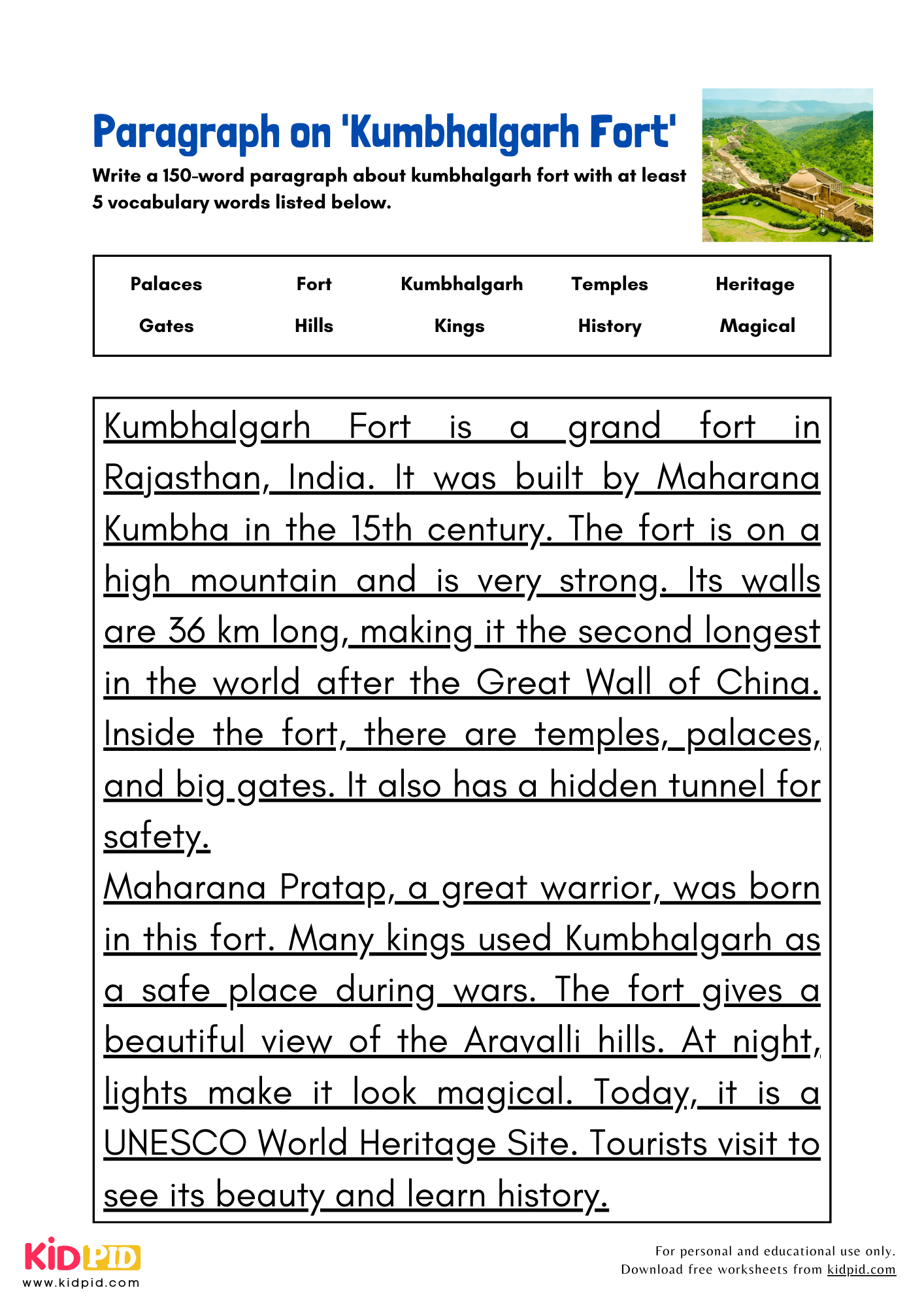 Paragraph on 'Kumbhalgarh Fort' - 150 Words