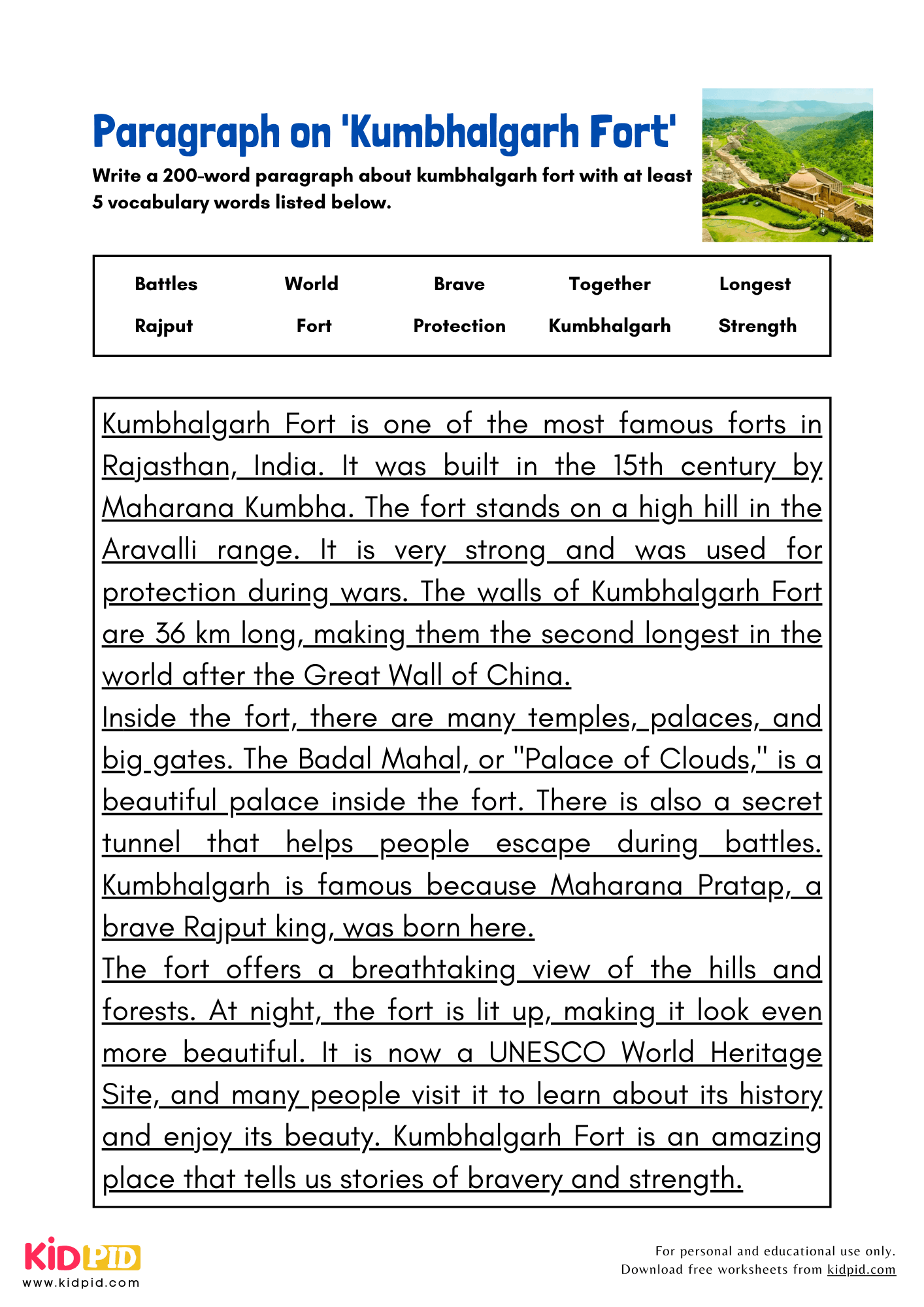 Paragraph on 'Kumbhalgarh Fort' - 200 Words