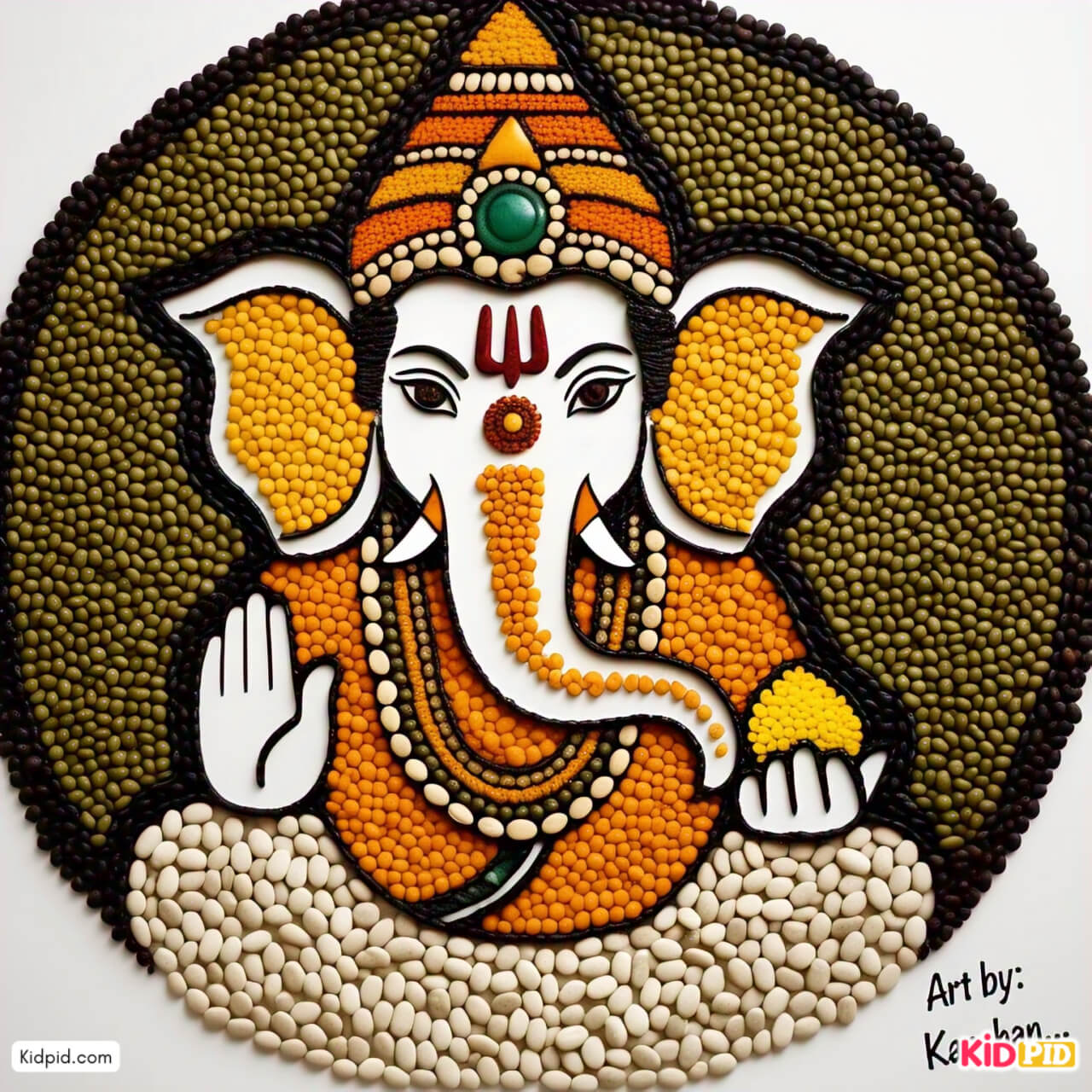 A Colorful Pulses and Cereals Ganesha Portrait Art Idea for Kids