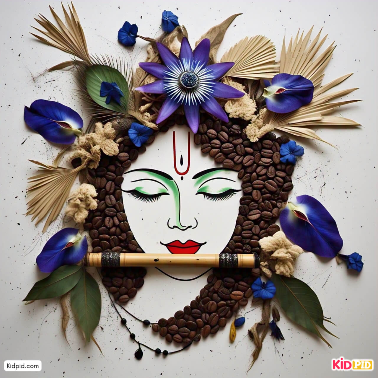 Artistic Portrait of Krishna, Art Using Coffee Beans and Flowers