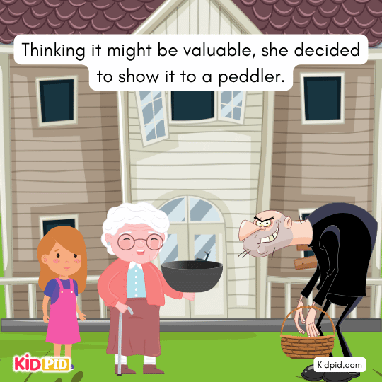 Greedy peddler testing bowl with needle for gold