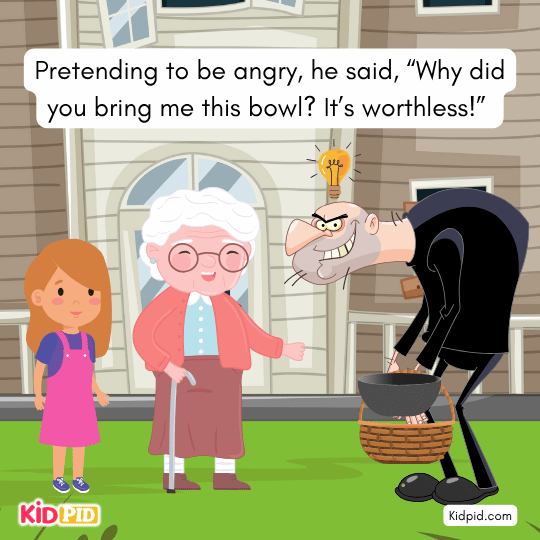 Dishonest peddler pretends bowl is worthless and leaves