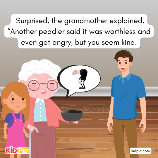 Grandmother invites honest peddler inside their house explained another peddler