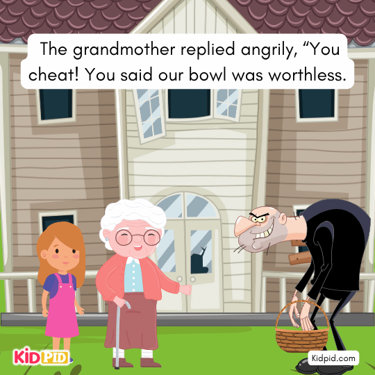 Grandmother angrily calls peddler a liar and cheat